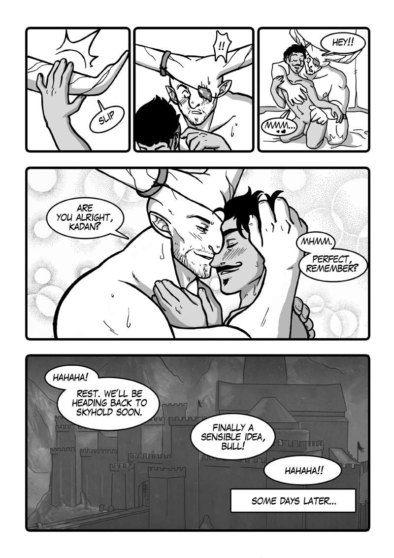 2boys after_anal after_orgasm after_sex anal anal_penetration anal_sex anthro anthro_on_human bara beauty_mark blush canon_couple comic comic_page comic_panel comic_strip couple dark-skinned_male dark_hair dark_skin dialogue dorian_pavus dragon_age dragon_age_inquisition duo eye_patch eyewear facial_hair gay gay_male holding_partner horns hugging human iron_bull mage male male/male male_only mammal mole mustache pansexual_male penis qunari rockgaara romantic romantic_couple speech speech_bubble text text_bubble video_games yaoi