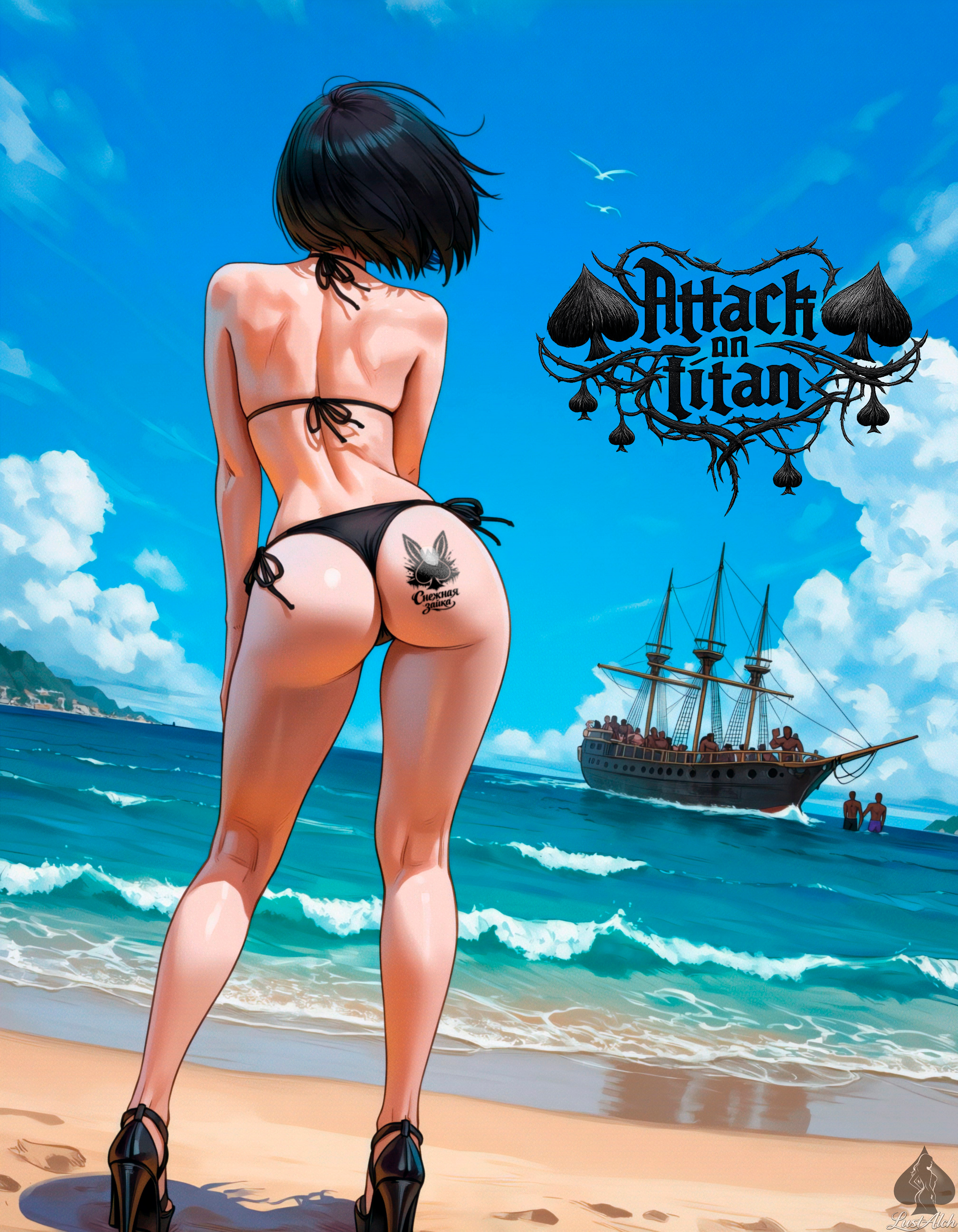 1girls, ai generated, ass, attack on titan, back view, beach, bikini, dark-skinned male, lustalch, mikasa ackerman, multiple boys, qos, ship