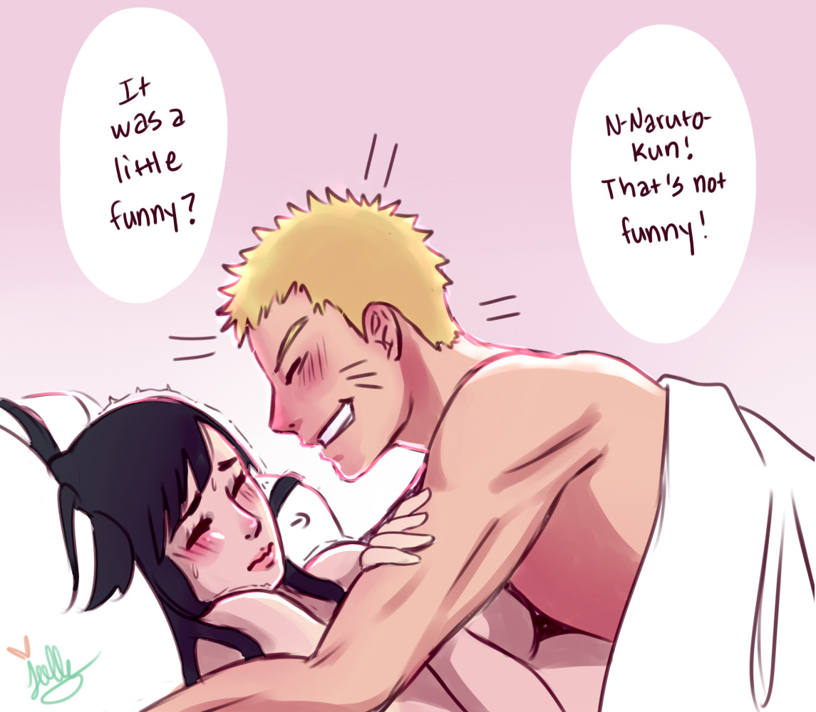 1boy, 1girls, artist name, artist signature, badjolly, bed, bed sheet, black hair, blonde hair, blush, boruto: naruto next generations, breasts, canon couple, closed eyes, color, completely nude, dialogue, embarrassed, english text, female, female penetrated, flustered, gradient background, grin, hand on another's arm, husband and wife, hyuuga hinata, implied penetration, implied vaginal, in bed, lighting, long hair, looking pleasured, lying on back, lying on bed, male, male penetrating, male penetrating female, married couple, mischievous smile, missionary position, muscular, muscular male, naruto, naruto (series), nude, obscured penetration, pink background, pussy, romantic, romantic couple, short hair, smile, speech bubble, spiky hair, straight, sweatdrop, trembling, tumblr ask, under covers, underboob, uzumaki hinata, uzumaki naruto, vaginal penetration, watermark, wholesome