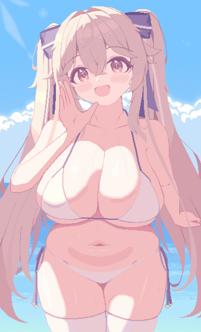 1girls 3:5 anchorage_(azur_lane) anchorage_(dolphins_and_swim_lessons)_(azur_lane) animated azur_lane big_breasts bikini blonde_hair breasts chubby cleavage eagle_union_(azur_lane) female huge_breasts light-skinned_female light_skin looking_at_viewer piaomao pixel_art plump side-tie_bikini solo swimsuit thighhighs twintails vertical_video white_bikini white_thighhighs