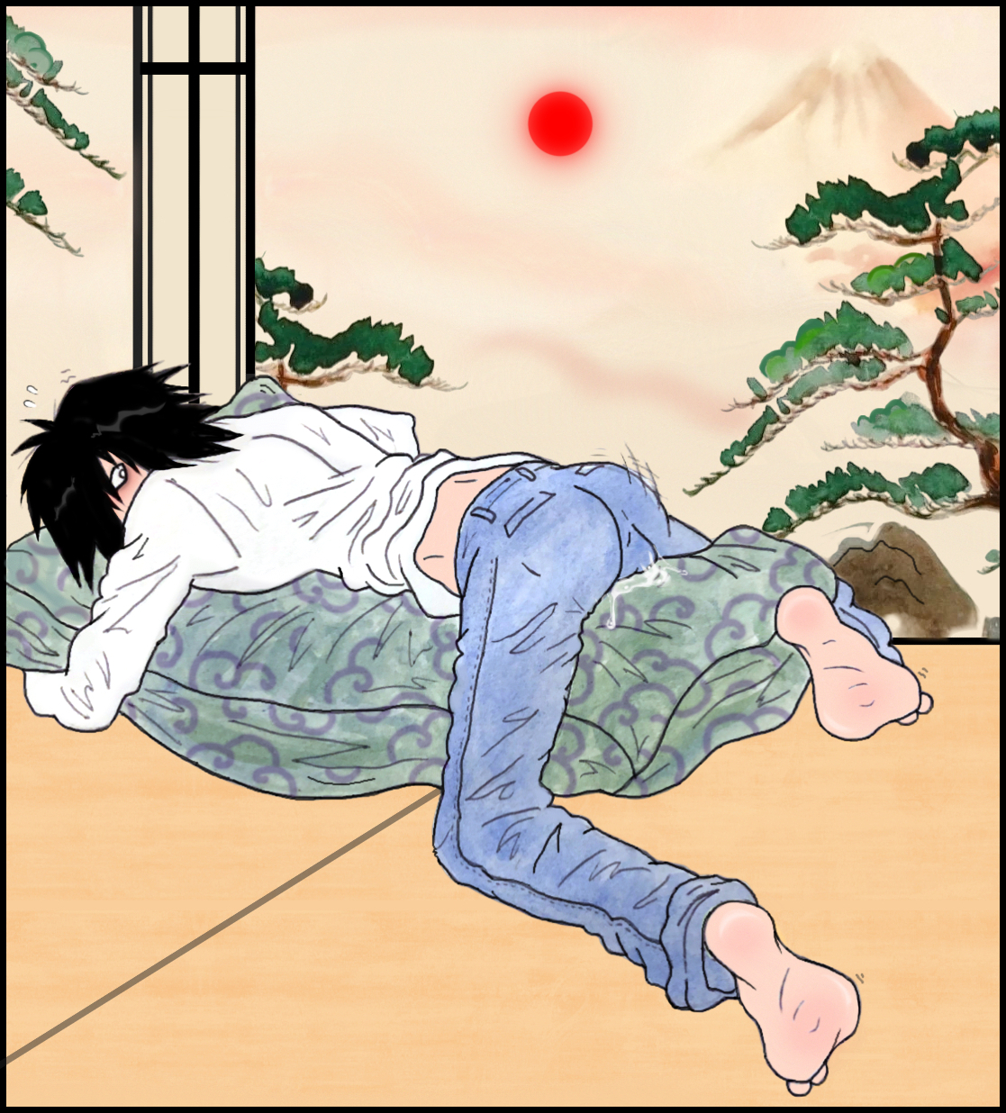 barefoot, black hair, blush, bulge, clothed erection, clothed masturbation, cum, cum stain, cumming through clothing, cute male, death note, indoors, l lawliet, light skin, light-skinned male, male, male feet, male only, masturbation, pale skin, pale-skinned male, pillow hug, pillow humping, traditional interior