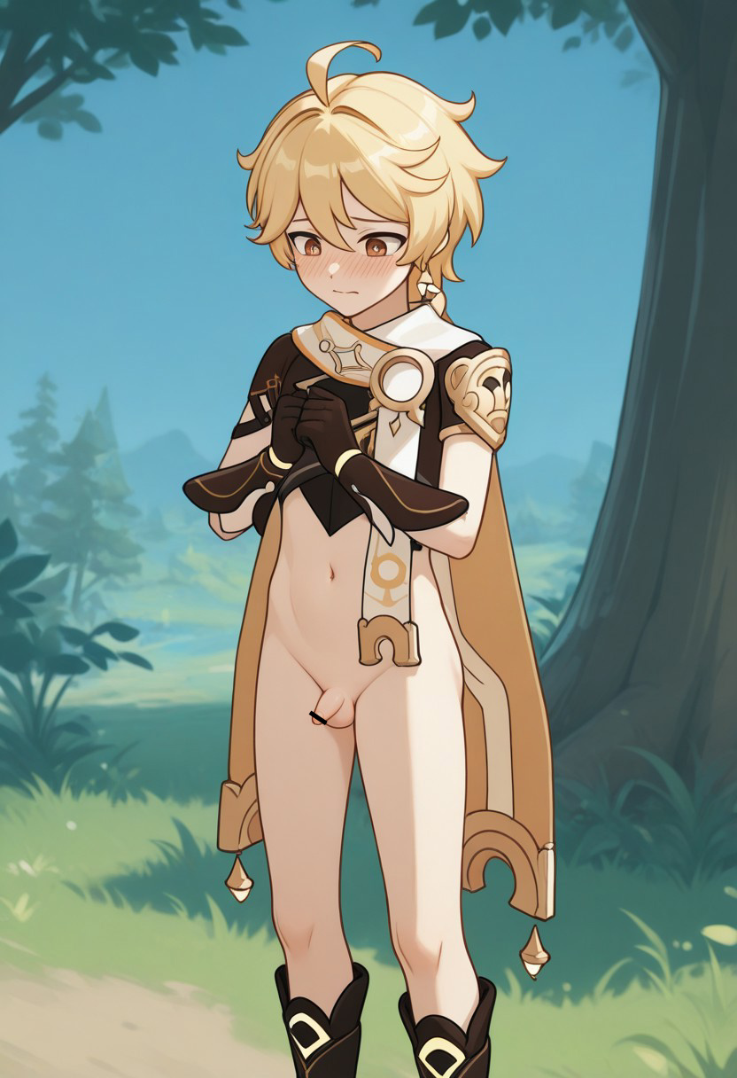 1boy, aether (genshin impact), ai generated, blonde hair, blush, blushing, bottomless, braid, braided hair, cute, dick, embarrassed, embarrassed nude femboy, embarrassed nude male, femboy, genshin impact, male, male focus, male only, naked, naked male, no pants, nude, nude male, outdoors, penis, pointless censoring, shy, small penis, twink