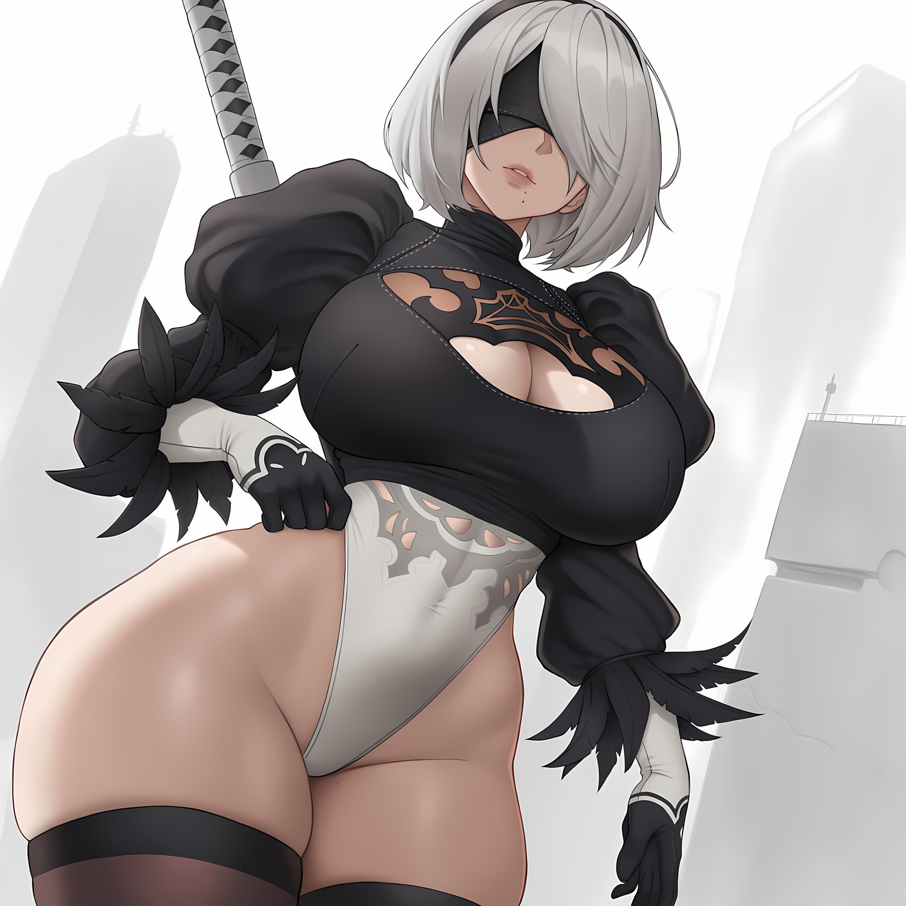 1girls, ai generated, blindfold, curvy, female, female focus, female only, hi res, light skin, light-skinned female, looking at viewer, nier: automata, roxor, short hair, solo, thick thighs, thighhighs, thighs, white hair, wide hips, yorha 2b
