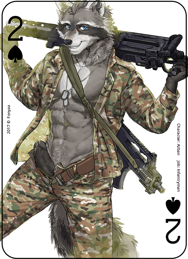 2017 abs anthro card digital_media_(artwork) dog_tags erection fonyaa fur gun holding_object holding_weapon looking_at_viewer male male_only mammal military muscular muscular_male pecs penis playing_card procyonid raccoon ranged_weapon simple_background smile solo standing weapon