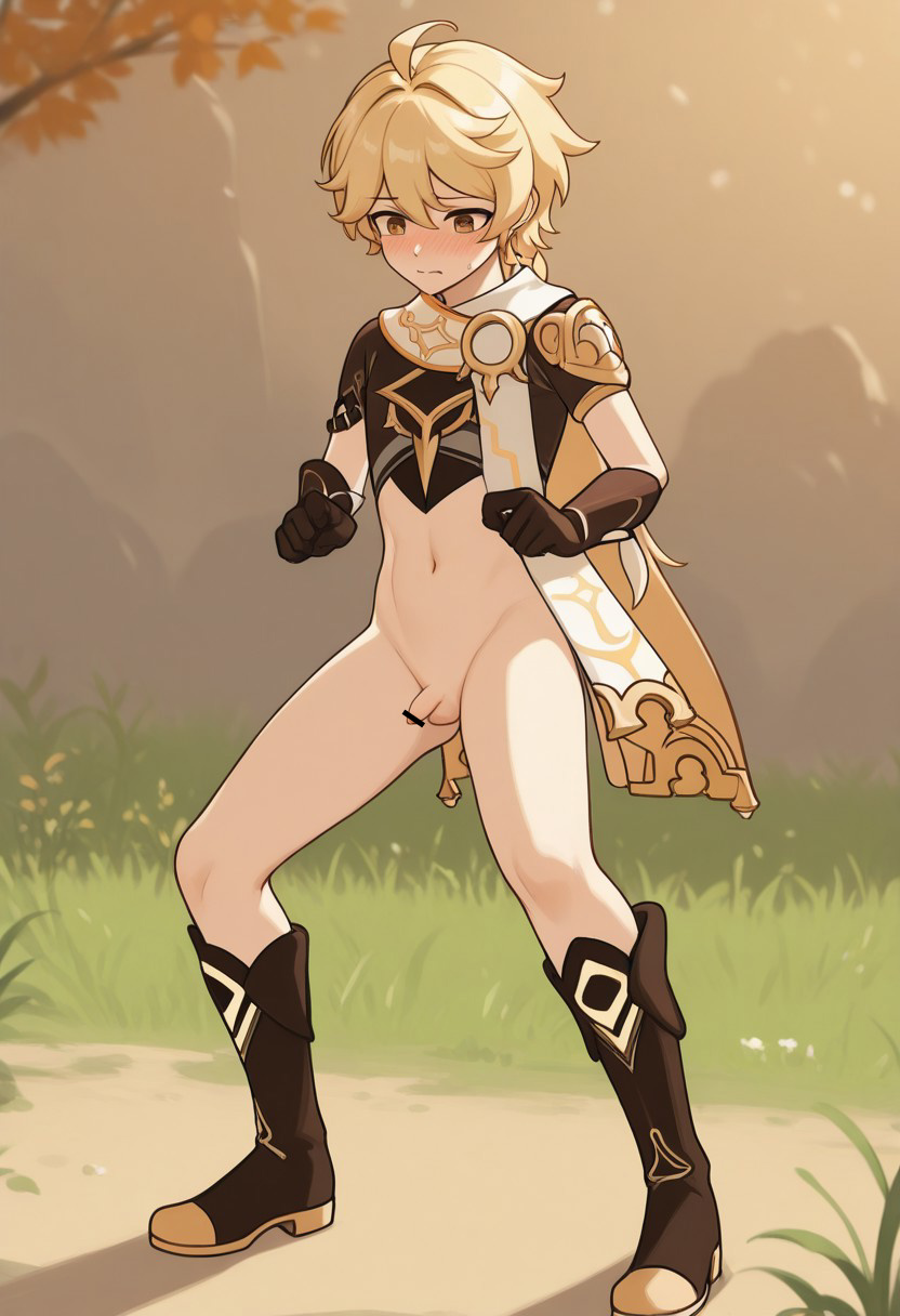 1boy aether_(genshin_impact) ai_generated blonde_hair blush blushing bottomless braid braided_hair cock dick embarrassed embarrassed_nude_male exposed_penis femboy genshin_impact male male_focus naked naked_male nude nude_male outdoors penis pointless_censoring shy small_penis twink