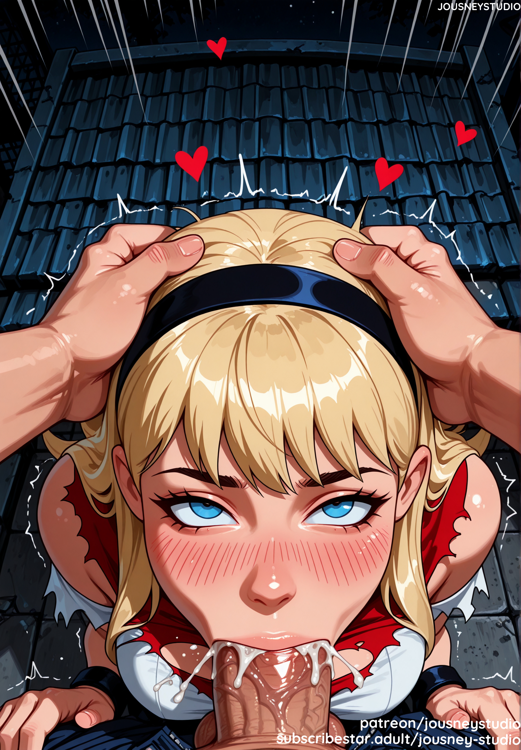 :>=, 1boy, ai generated, balls, bangs, black hairband, blonde hair, blue eyes, blush, blushing at viewer, bodily fluids, breasts, building, clothed female, clothed female nude male, clothing, cum, cum in mouth, cum in nose, cumshot, dark skin, dark-skinned male, dc, dc comics, deepthroat, english language, english text, erection, fellatio, female, hairband, hand on another's head, headwear, heart, heart-shaped pupils, irrumatio, jousneystudio, kara danvers, kara kent, kara zor-el, large penis, light skin, light-skinned female, lips, long hair, looking at viewer, looking up, looking up at viewer, male, male pov, nakadashi, nose, nude, nude male, oral, outdoors, overflow, penis, rolling eyes, saliva, semen, sex, solo focus, straight, supergirl, superman (series), superman: the animated series, sweat, symbol-shaped pupils, tears, testicles, text, torn clothes, torn shirt, trembling, upturned eyes, veins, veiny penis