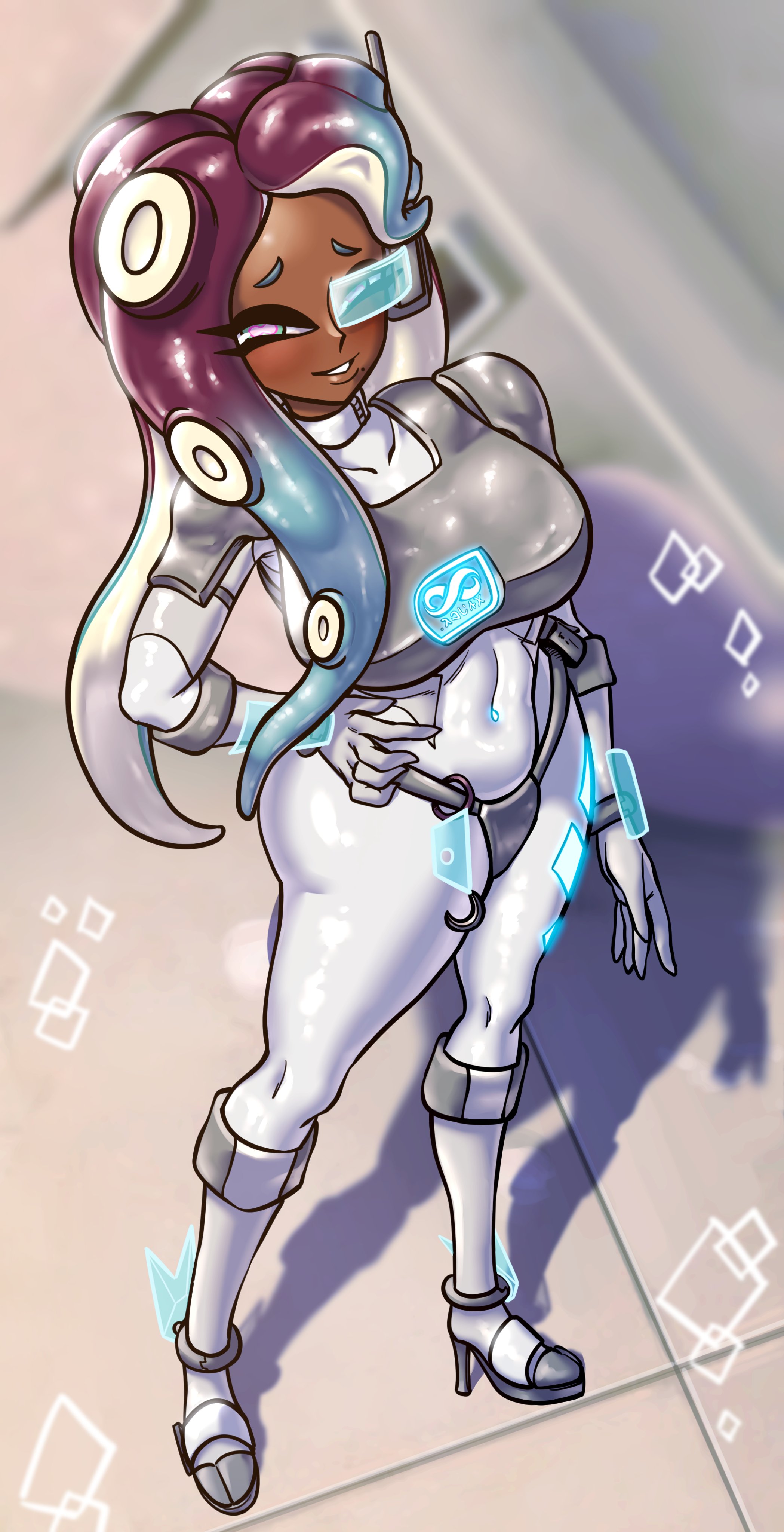 1girls, alternate costume, bodysuit, clothed female, dark skin, dark-skinned female, female, fully clothed, high heels, hotaruman97, latex clothing, latex suit, marina (splatoon), nintendo, octoling, off the hook (splatoon), splatoon, splatoon (series), splatoon 2