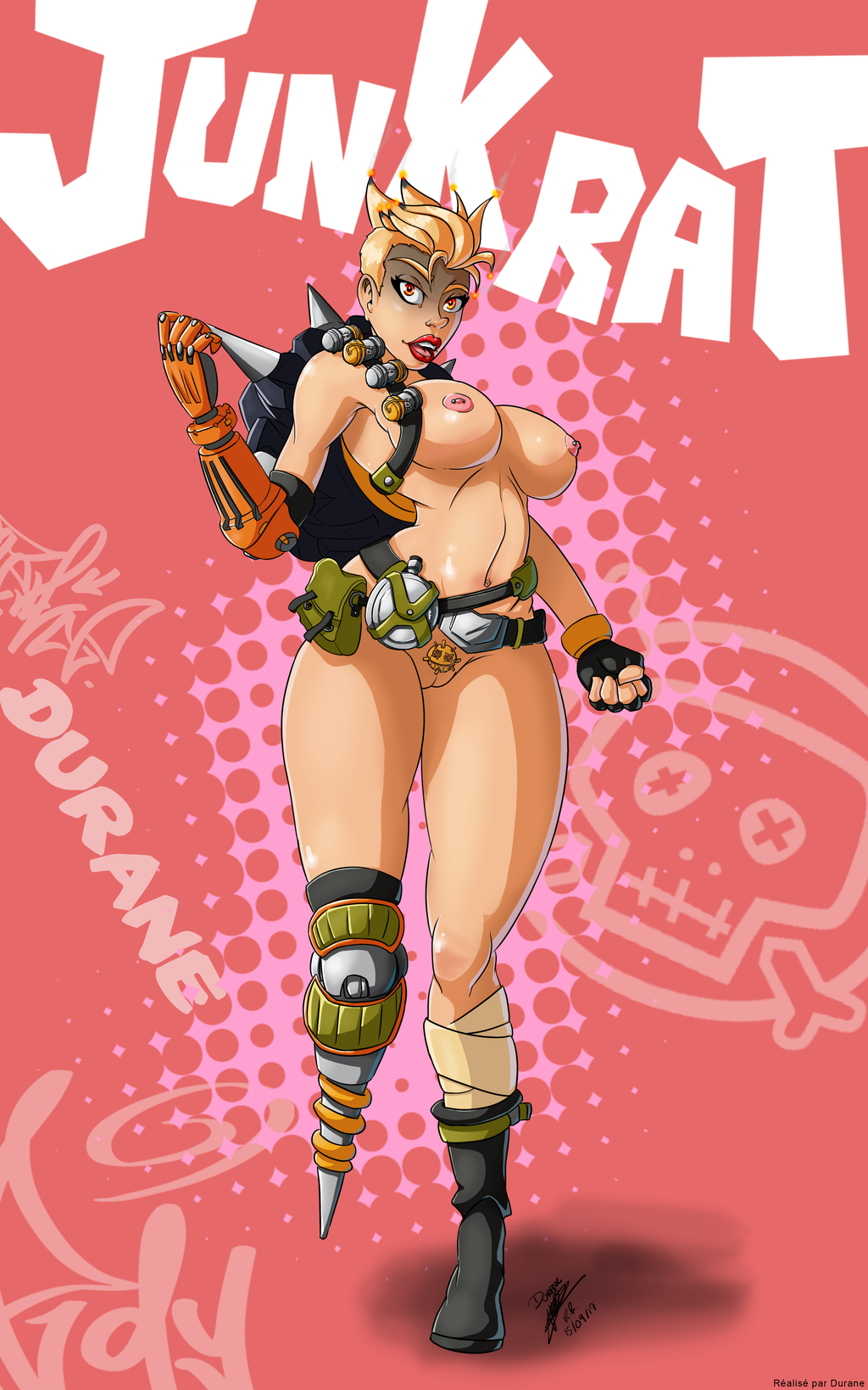 areolae backpack bag belt big_breasts blizzard_entertainment breasts casual durane59 female female_only footwear handwear human junkrat junkrat_(female) large_breasts looking_at_viewer nipples overwatch pale_skin pussy rule_63 solo tactical_nudity