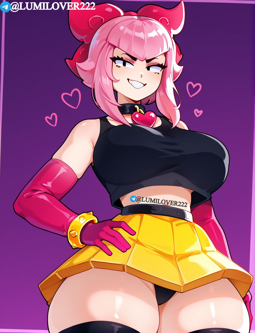 ai generated, big breasts, big thighs, brawl stars, breasts, dominant, female, huge thighs, low-angle view, lumilover222, melodie (brawl stars), skirt, smile, thighs