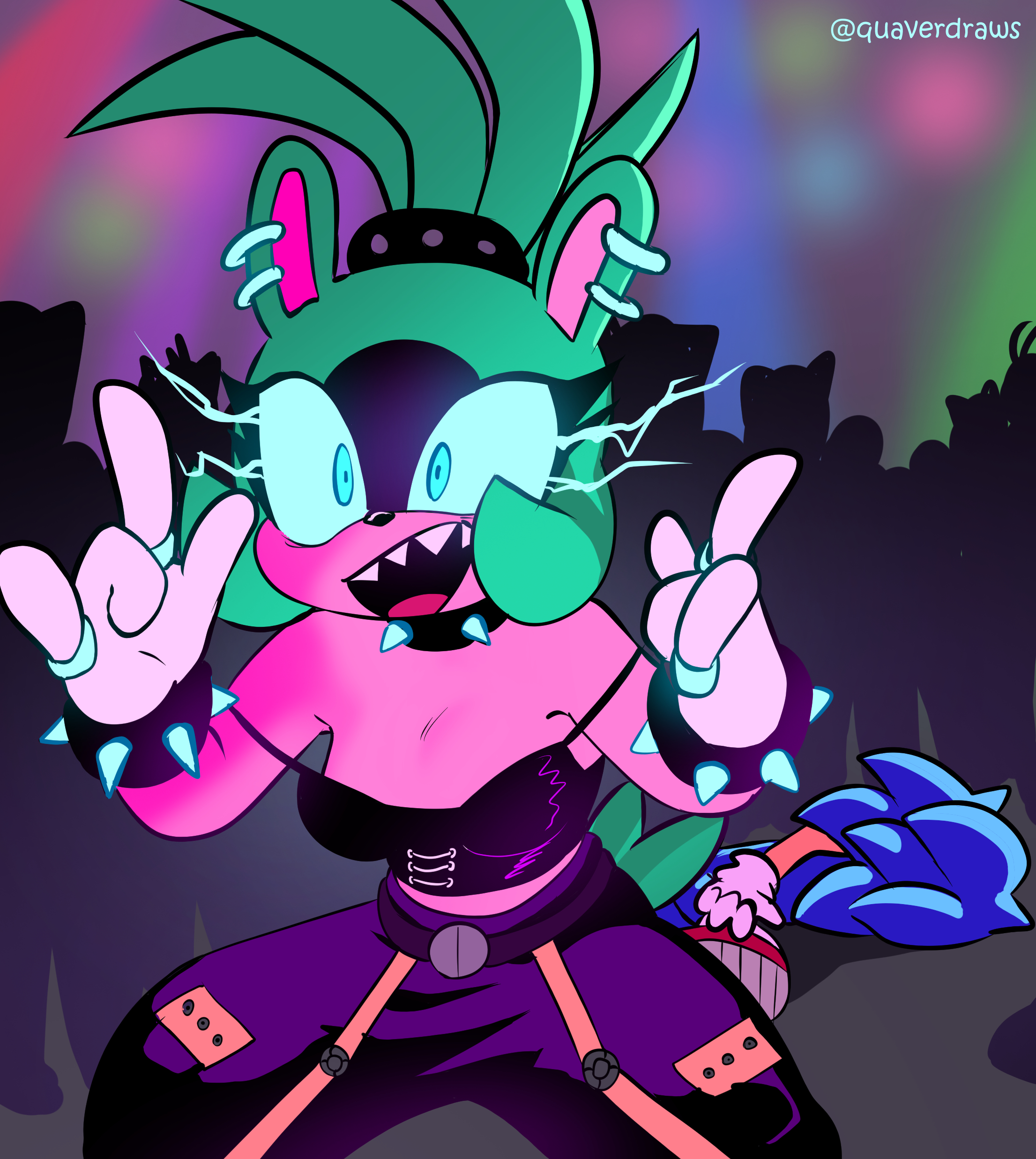 \\\\\\\\\\\\\\\\m/, \\\\\\\\\\\\\\\\n/, 1boy, 1girls, animal ears, animal nose, anthro, bare shoulders, belt, blue eyes, blue hair, bracelet, breasts, cleavage, clothing, collar, colored skin, cosplay, crop top, ear piercing, earrings, eye trail, eyelashes, eyeshadow, family guy death pose, female, furry, furry female, gloves, glowing, glowing eyes, green fur, green hair, hands up, jewelry, kneeling, light trail, looking at viewer, lying, medium breasts, multiple earrings, multiple rings, no bra, on back, open mouth, pants, piercing, ponytail, purple pants, quavernsfw, ring, sega, sharp teeth, shoes, smile, solo focus, sonic (series), sonic the hedgehog, sonic the hedgehog (comics), sonic the hedgehog (idw), sonic the hedgehog (series), spiked bracelet, spiked collar, spikes, strap slip, surge the tenrec, tail, teeth, topknot, twitter username, white gloves