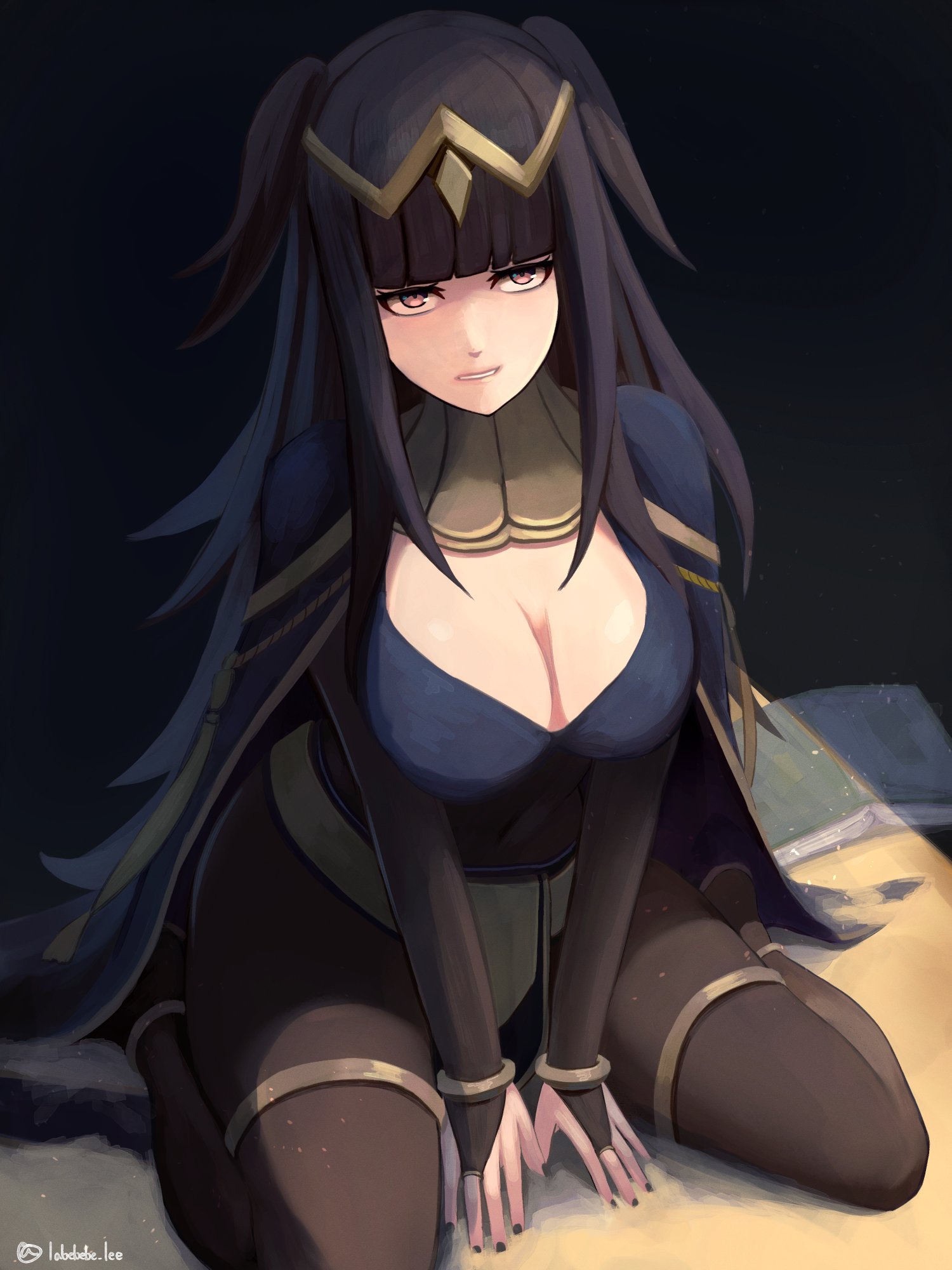1girls, black hair, blunt bangs, bodystocking, book, bracelet, breasts, bridal gauntlets, cape, circlet, cleavage, female, female only, fire emblem, fire emblem awakening, gold bracelet, gold thighlet, highres, jewelry, labebebe lee, large breasts, long hair, looking at viewer, medium breasts, nintendo, on ground, pantyhose, sitting, solo, tharja (fire emblem), thighlet, wariza