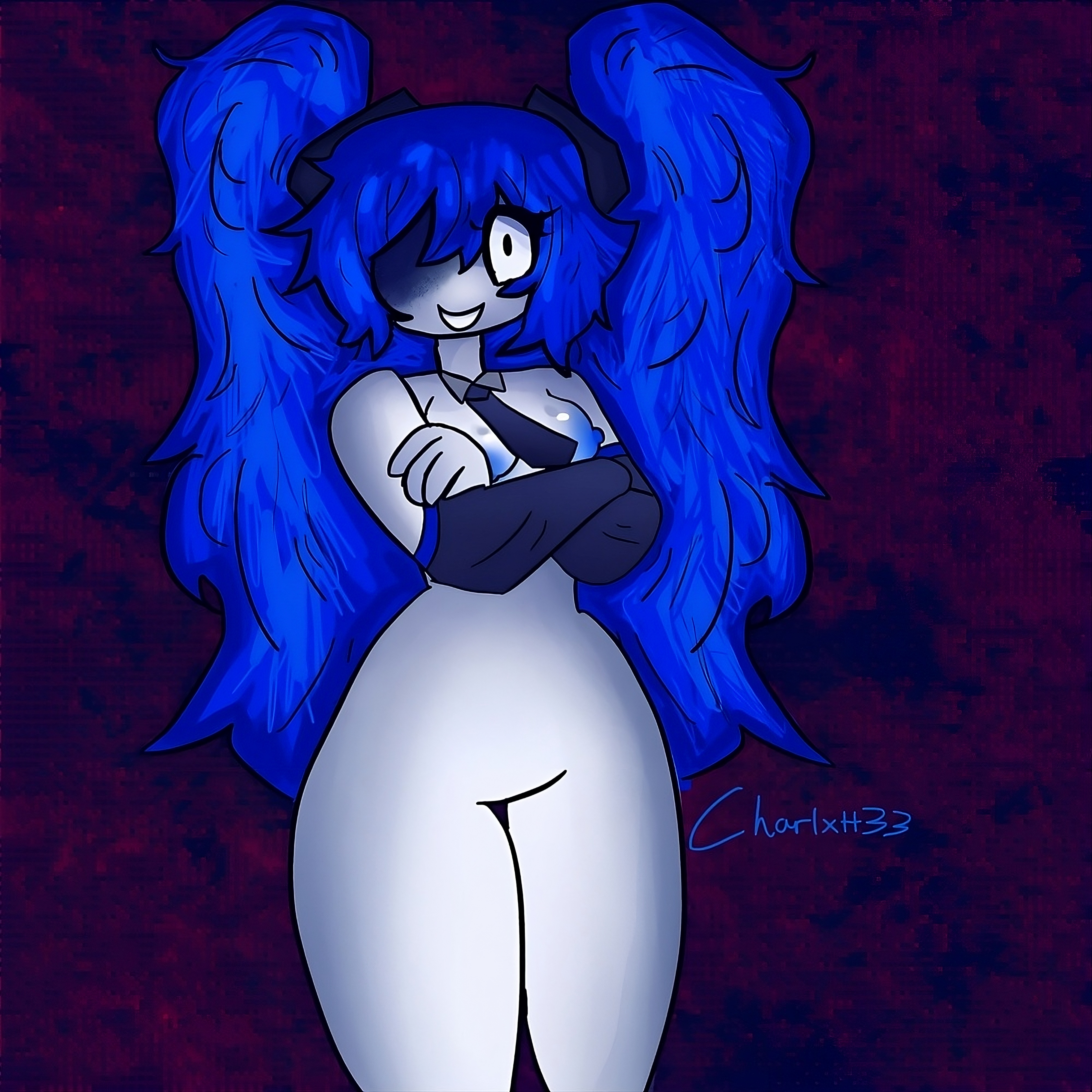 1girl, 1x1x1x1, 1x1x1x1 (forsaken), artist name, blue hair, blue skin, breasts, breasts out, charlxtt33, colored skin, crossed arms, crossing arms, detached collar, detached sleeves, diva (project diva: deep blue), diva 1x1x1x1, female, forsaken (roblox), hair over one eye, half-dressed, hatsune miku, long hair, looking at viewer, naked, naked female, necktie, nipples, nude, project diva: deep blue, roblox, roblox game, robloxian, self upload, smile, solo, tagme, thick thighs, thighs, twintails, very long hair, vocaloid, white skin, wide hips