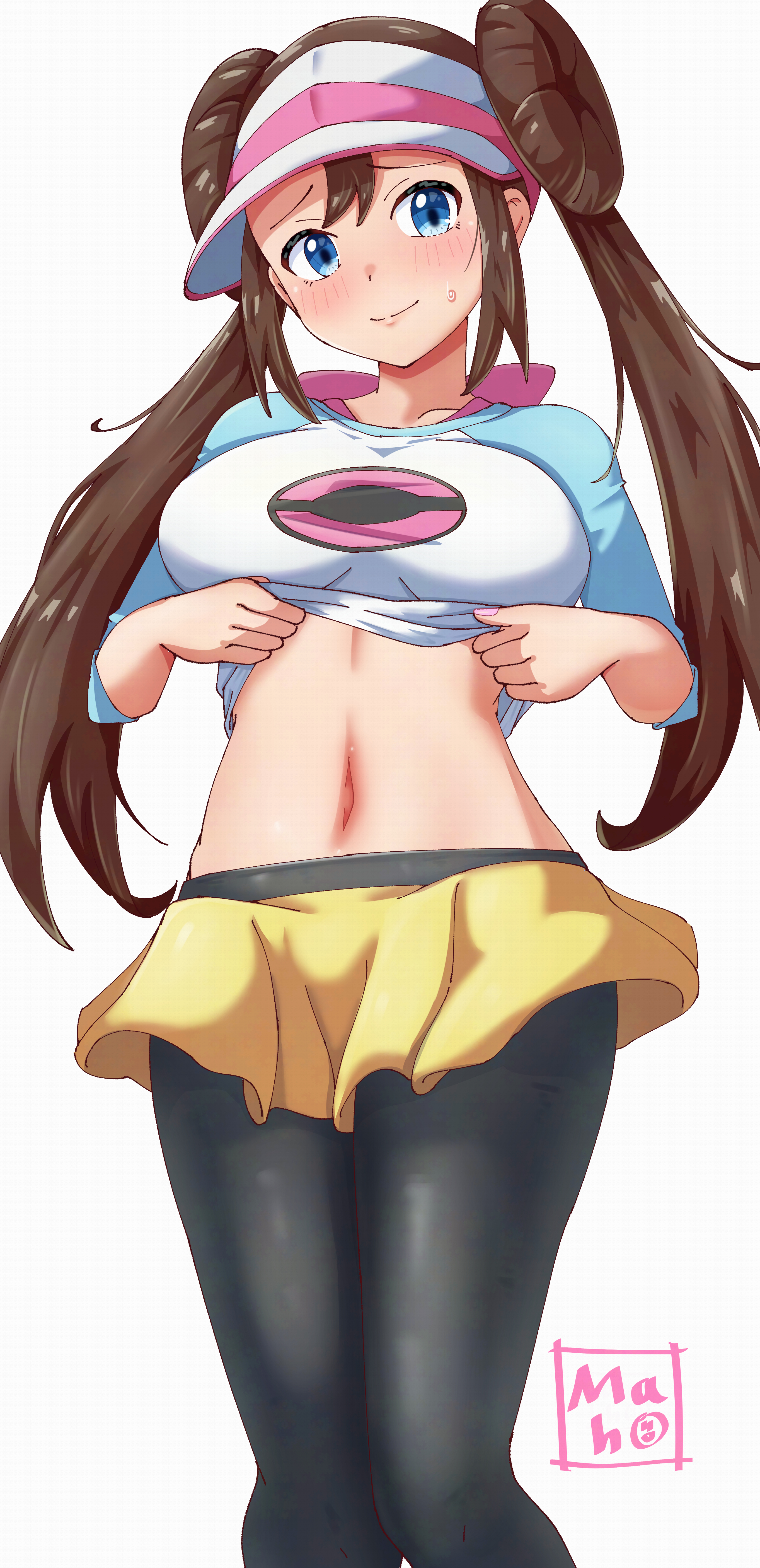 absurdres, alternate breast size, black pantyhose, blue eyes, breasts, brown hair, closed mouth, clothes lift, commentary request, double bun, female, female only, hair bun, highres, large breasts, lifting own clothes, long hair, maho (corotonton5150), midriff, navel, nintendo, pantyhose, pokemon, pokemon bw2, raglan sleeves, raised eyebrows, rosa (pokemon), shirt, shirt lift, shorts, signature, simple background, smile, solo, stomach, sweatdrop, twintails, visor cap, white background, yellow shorts