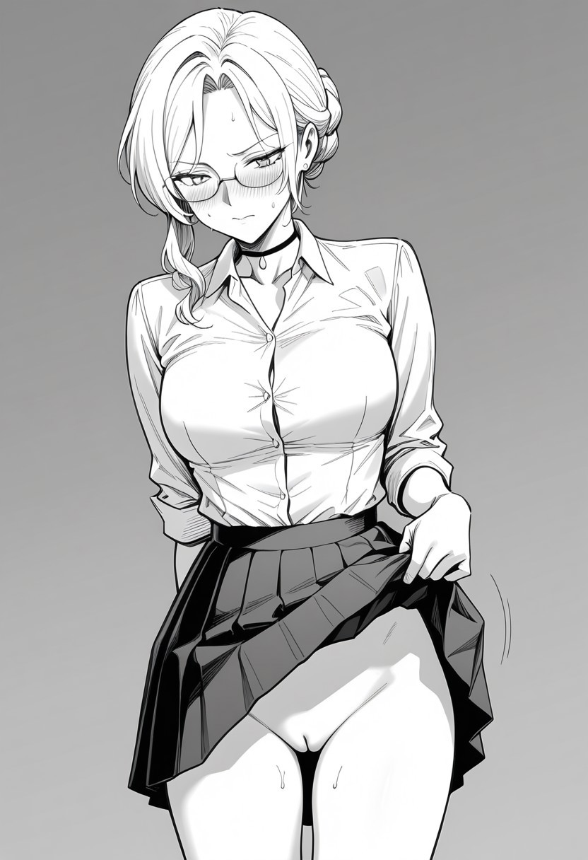 1girls, ai generated, blush, breasts, choker, female, female only, glasses, glynda goodwitch, greyscale, large breasts, monochrome, no panties, pussy, rwby, skirt, skirt lift, solo, solo female, tagme