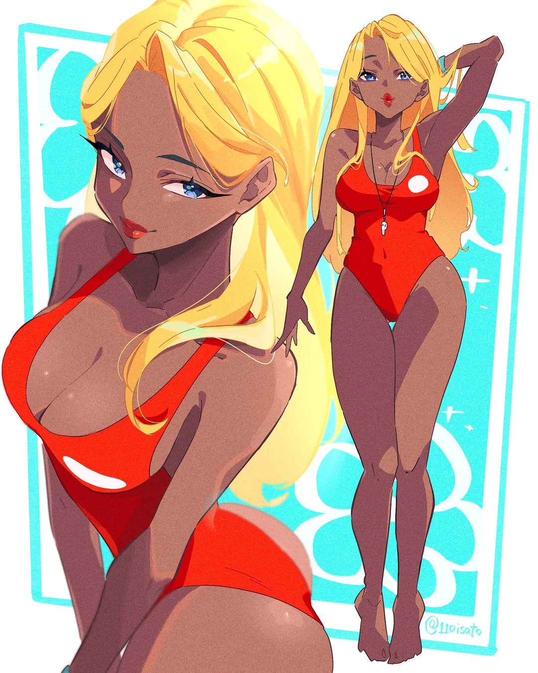 110isato, 1girls, athletic, athletic female, big breasts, biracial, blonde, blonde hair, blonde-haired female, blue eyes, breasts, brown skin, brown skinned female, caucasian, caucasian female, curvaceous, curvaceous female, curvy female, female, female only, fit, fit female, gal, golden headwear, hand behind head, hawaiian, lifeguard, lifeguard (lilo and stitch), lilo and stitch, lipstick, long hair, looking at viewer, olive skin, olive skinned female, one breast out, red lipstick, solo, solo female, tall, tall female, tan fur, tan-skinned female, thick lips, thighs