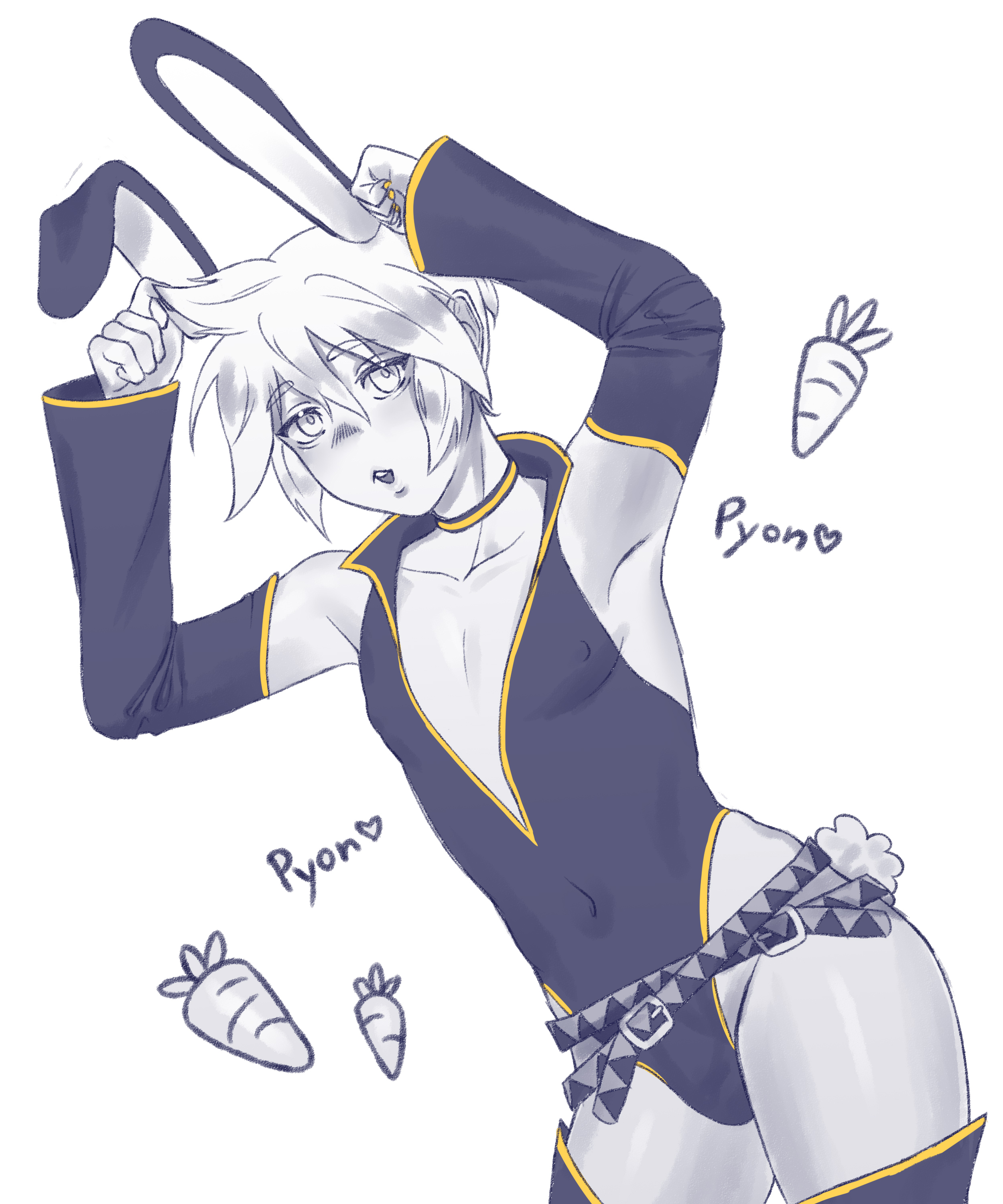 armpits, belly button, black and white, bunny ears, bunnysuit, cute, cute face, femboy, kagamine len, lick it mlem, looking at viewer, male, nipple bulge, twink, vocaloid