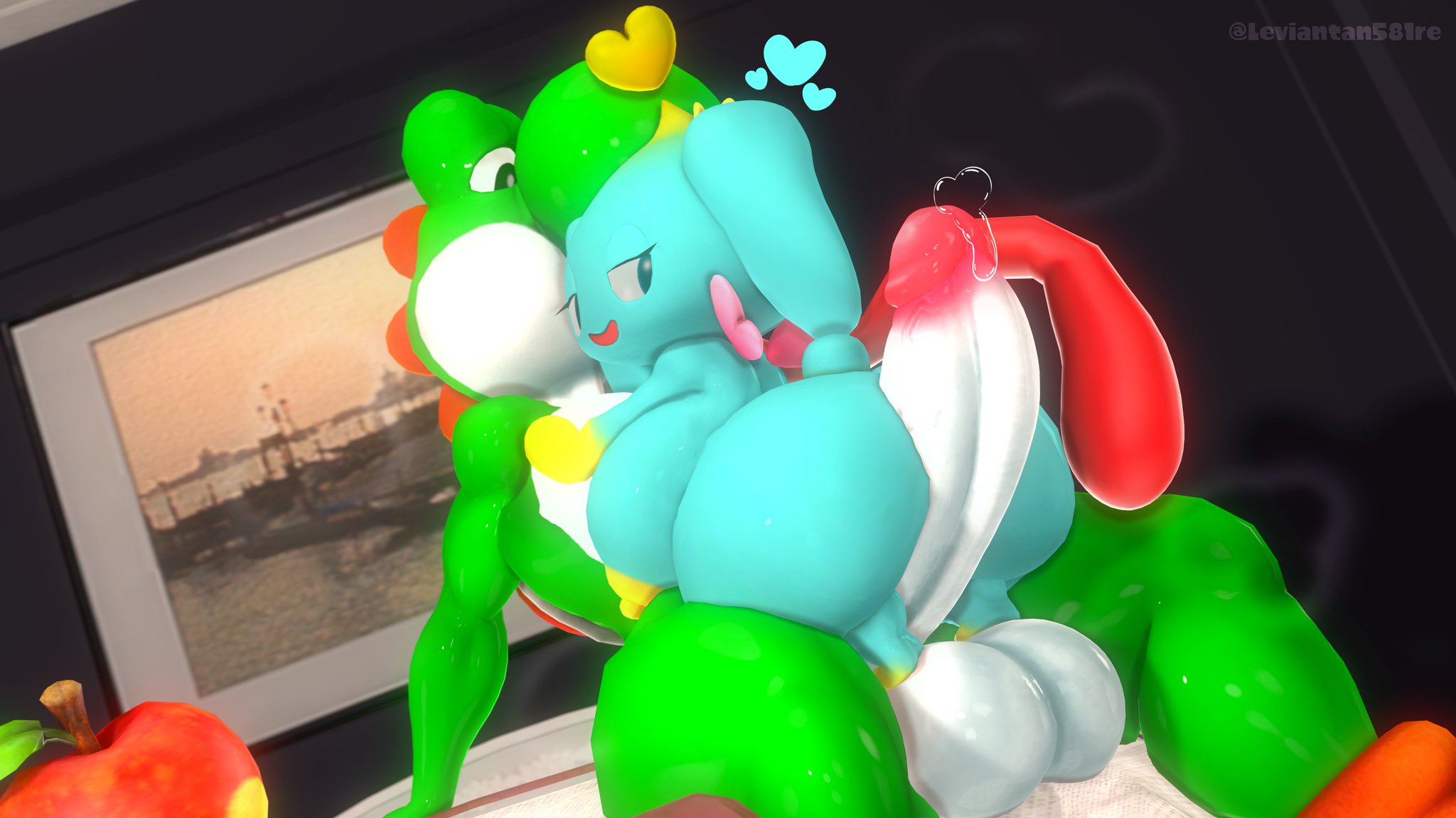 1boy, 1girls, 3d, 3d (artwork), anthro, apple, artist name, ass, balls, bed, big ass, big balls, big breasts, big butt, big nose, blue eyes, boobs, breasts, breasts bigger than head, chao (sonic), completely naked, completely nude, crossover, cyan body, cyan heart, cyan skin, different species, different video game character, dinosaur, dinosaur humanoid, ear, eyelashes, female, fruit, genital fluids, genitals, green body, green eyes, green skin, green yoshi, hand on bed, hand on chest, heart, heart-shaped pupils, hi res, highres, kabalmystic (style), leaf, legs on balls, leviantan581re, light skin, light-skinned female, light-skinned male, long ears, long tongue, looking at partner, looking back, male, male/female, mario (series), milf chao, multicolored body, muscular, muscular anthro, muscular arms, muscular male, naked, naked female, naked male, nintendo, nipple, nipple bulge, nipples, nipples bulge, nose, nude, nude female, nude male, penis, penis bigger than body, penis dripping, picture, picture on wall, pictures in background, pink wings, red tongue, sega, shadow, shiny, shiny skin, size difference, small legs, small tail, smile, smiley face, smiling, smiling female, sonic (series), sonic the hedgehog (series), tail, text, thick, thick ass, thick butt, tongue, tongue out, video game character, video games, wings, yellow heart, yoshi