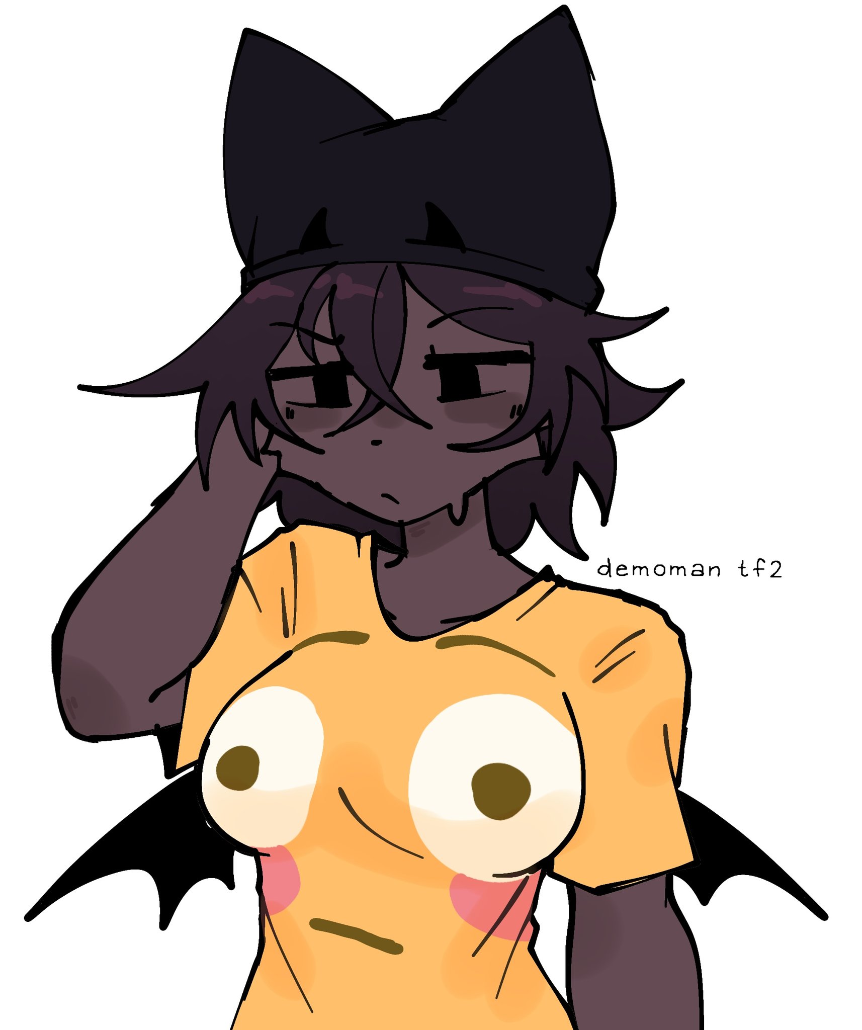 beanie, big breasts, breasts, brown hair, demon, demon wings, demonikyu, devil, emoji, emoji shirt, female, hand on head, large breasts, looking confused, yellow shirt
