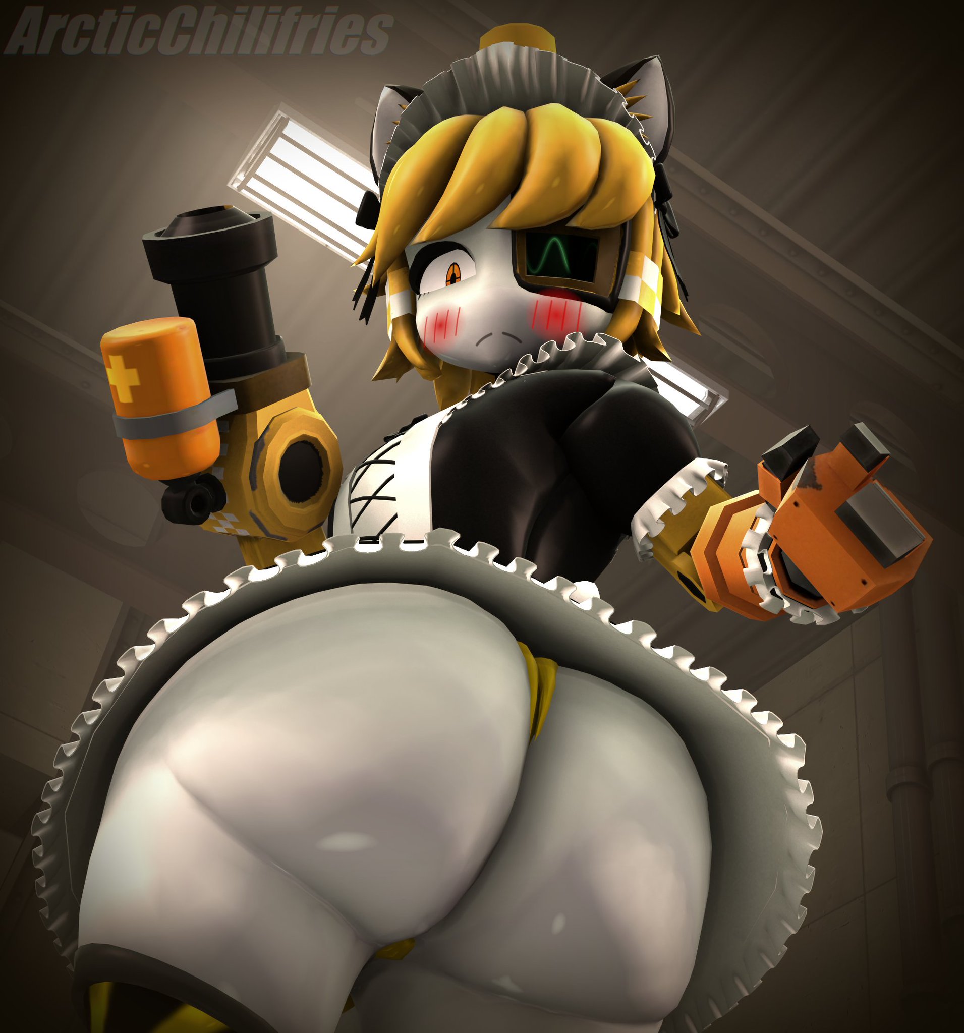 1boy, 2025, arcticchilifries, ass, ass focus, big ass, big booty, big butt, big thighs, blush, blush lines, blushing, blushing at viewer, bottom heavy, bottom heavy femboy, cat ears, child bearing hips, cute, cute femboy, dell spencer, fat, fat ass, femboy, femboy focus, femboy maid, femboy only, feminine, feminine body, feminine faced male, feminine male, huge ass, huge hips, huge thighs, looking at viewer, looking back, looking down, maid outfit, male, male focus, male only, robot, solo, tagme, team fortress 2, yellow hair, yellow thong