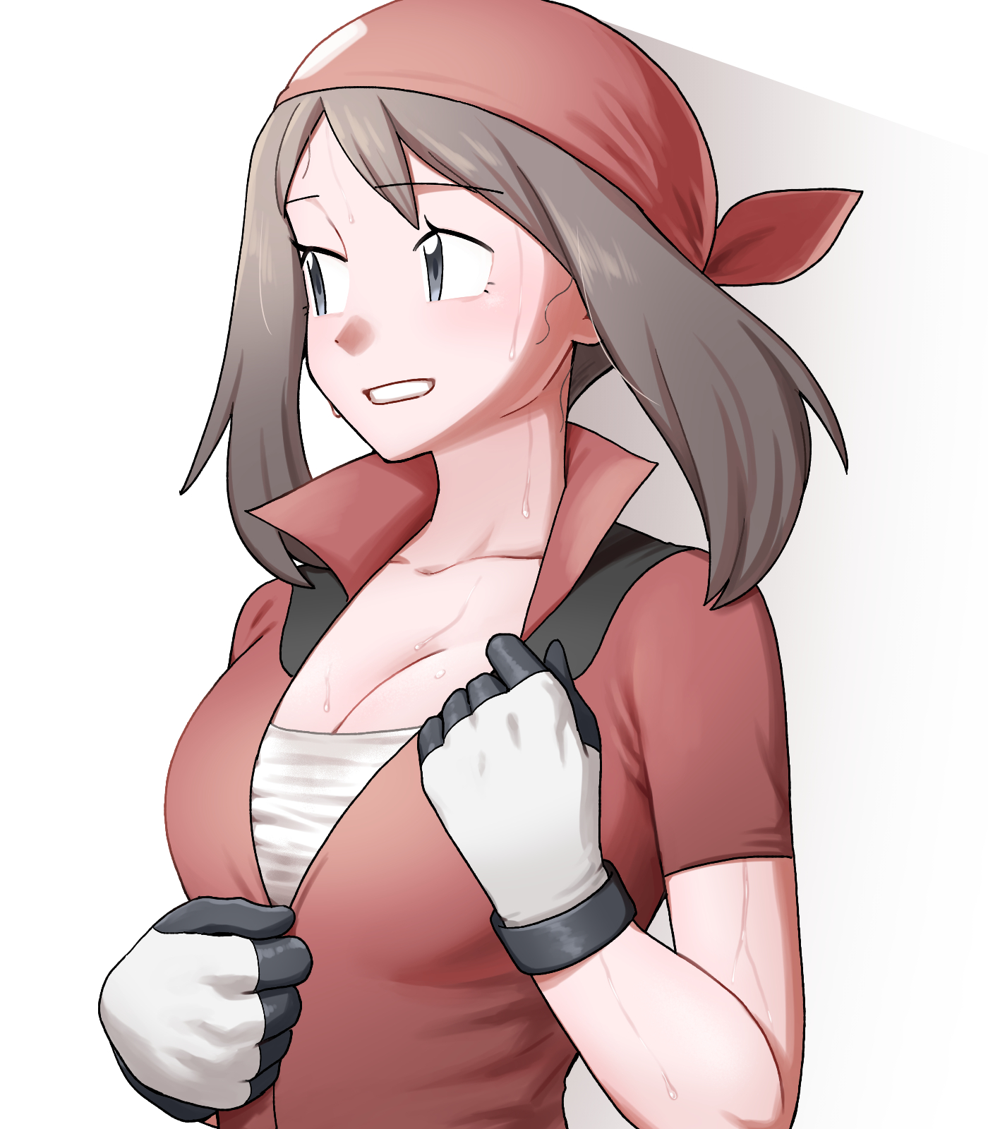 1girls, bandana, breasts, brown hair, cleavage, collarbone, collared shirt, commentary request, female, female only, gloves, grey eyes, grin, highres, large breasts, looking to the side, may (pokemon), medium hair, nintendo, pokemon, pokemon rse, popped collar, red bandana, red shirt, shirt, short sleeves, smile, solo, sweat, teeth, undershirt, white background, white gloves