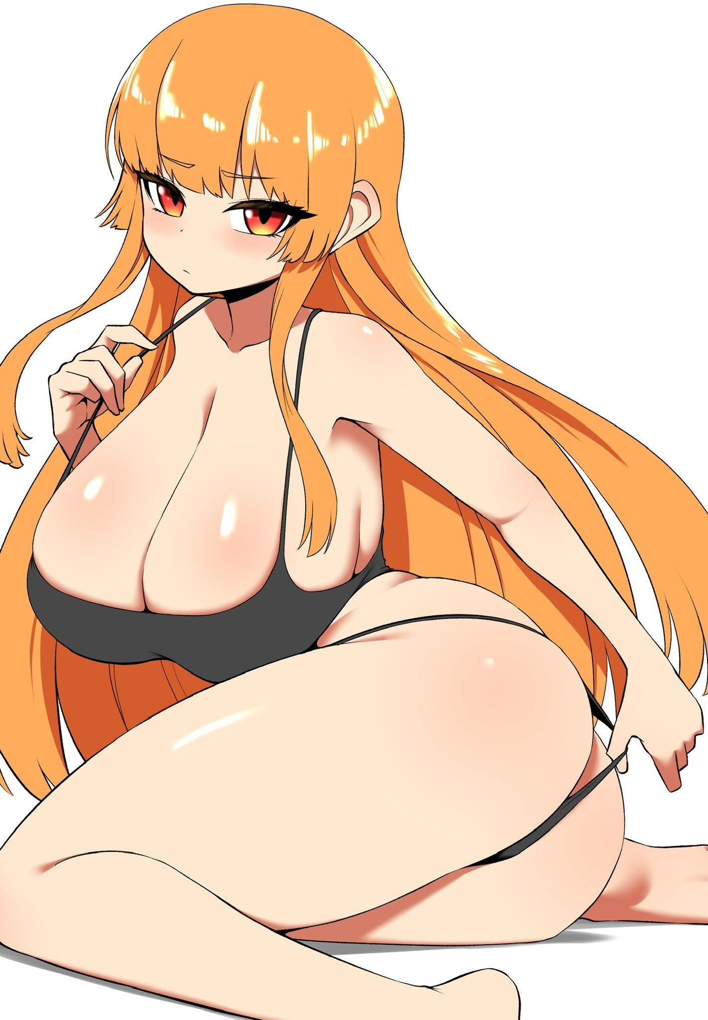 big_ass black_bra huge_breasts humanization humanized humanoid inkling inkling_girl kaori_(splatoon) light-skinned_female light_skin looking_at_viewer nintendo nobunagapero orange_eyes orange_hair peronattu plump_thighs pulling_panties sitting solo solo_female solo_focus splatoon twitter_link