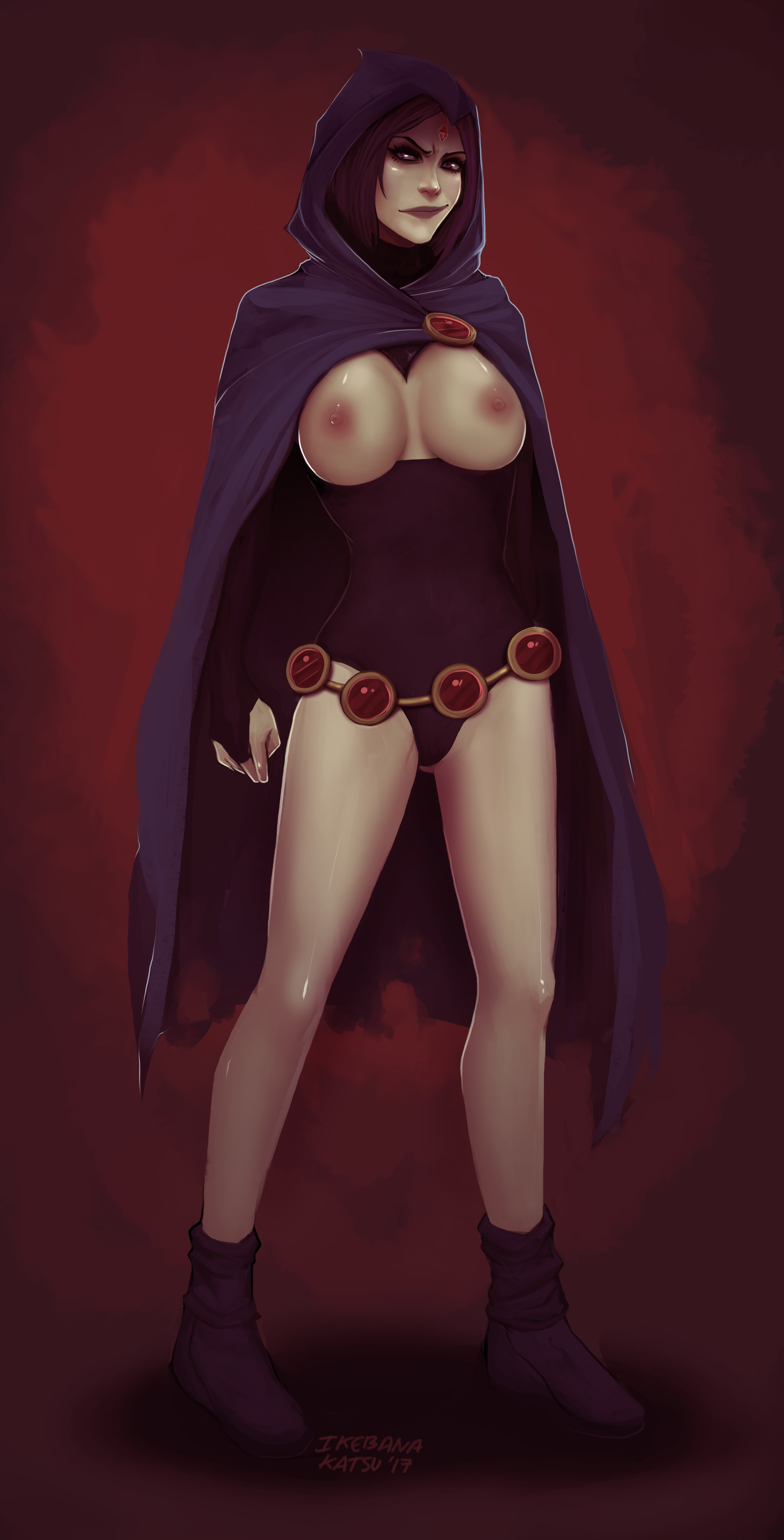1girls, 2017, areolae, black leotard, breasts, breasts out, dc, dc comics, female, female only, forehead jewel, ikebanakatsu, leotard, nipples, rachel roth, raven (dc), solo, straight hair, teen titans