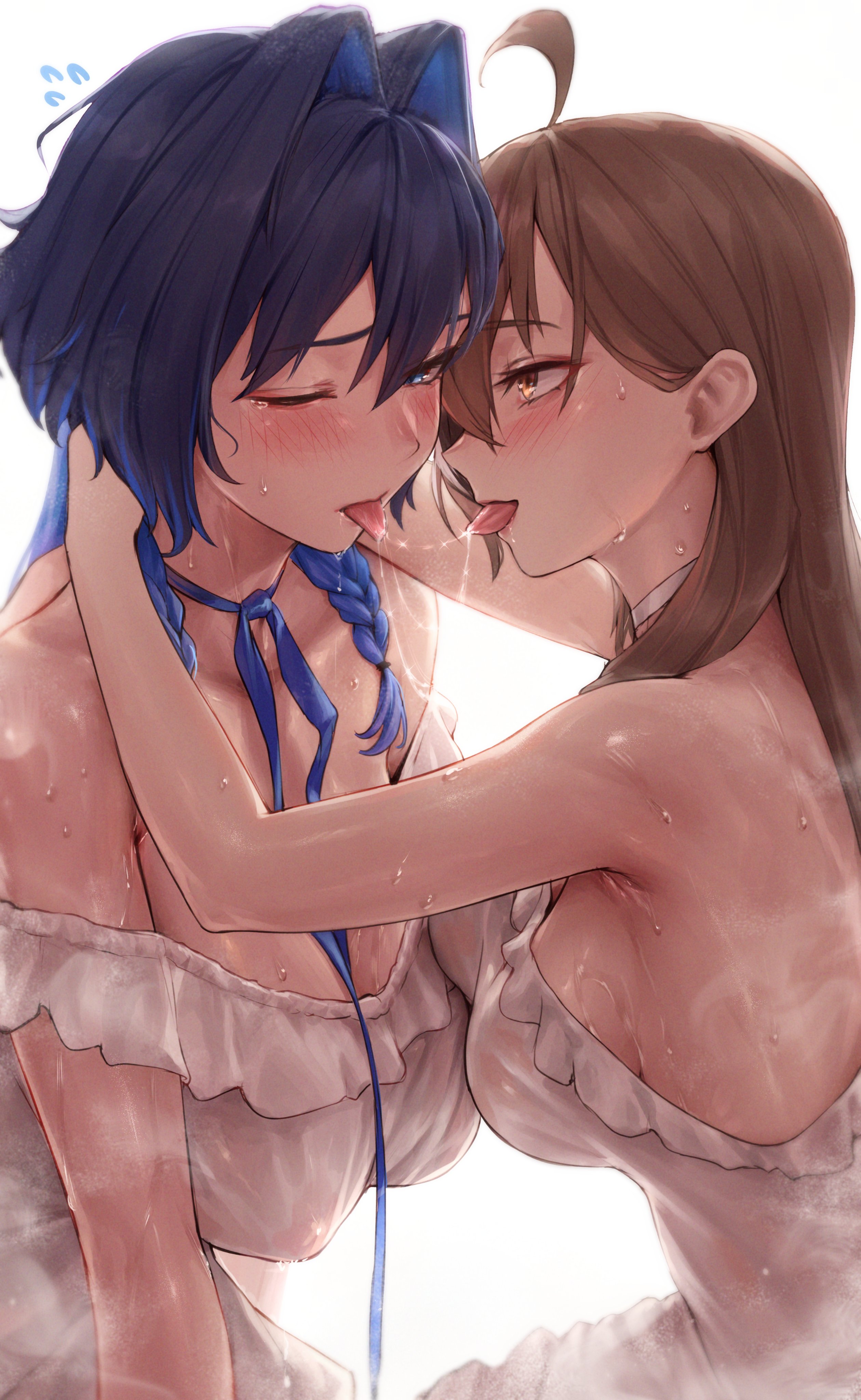 2girls, absurdres, after kiss, ahoge, alternate costume, alternate hairstyle, armpit crease, arms around neck, bare shoulders, blue choker, blue eyes, blue hair, blush, braid, breasts, brown eyes, brown hair, choker, colored inner hair, double-parted bangs, dress, female, flying sweatdrops, hair between eyes, hair intakes, highres, hololive, hololive english, hololive english -council-, hololive english -promise-, huge breasts, long hair, looking at another, medium breasts, multicolored hair, multiple females, multiple girls, nanashi mumei, off shoulder, off-shoulder dress, one eye closed, ouro kronii, ouro kronii (maid), padoruu, saliva, saliva trail, sideboob, sleeveless, sleeveless dress, sweat, tongue, very sweaty, virtual youtuber, wet, wet clothes, white choker, white dress, yuri