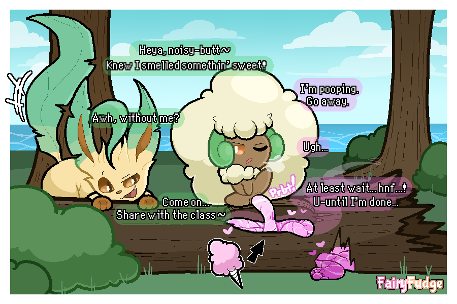 3:2 ambiguous_gender annoyed anus breath brown_eyes candy candy_scat colored_feces cotton_candy dessert dialogue digital_media_(artwork) duo eeveelution excessive_feces fairyfudge feces feces_pile feral food food_scat generation_4_pokemon generation_5_pokemon heart_symbol hyper hyper_feces leafeon log nintendo one_eye_closed one_eye_half-closed outside pink_feces plant pokemon pokemon_(species) pooping_in_container quadruped scat signature sound_effects speech_bubble tail tail_motion tree unusual_feces vowelless vowelless_sound_effect whimsicott wood