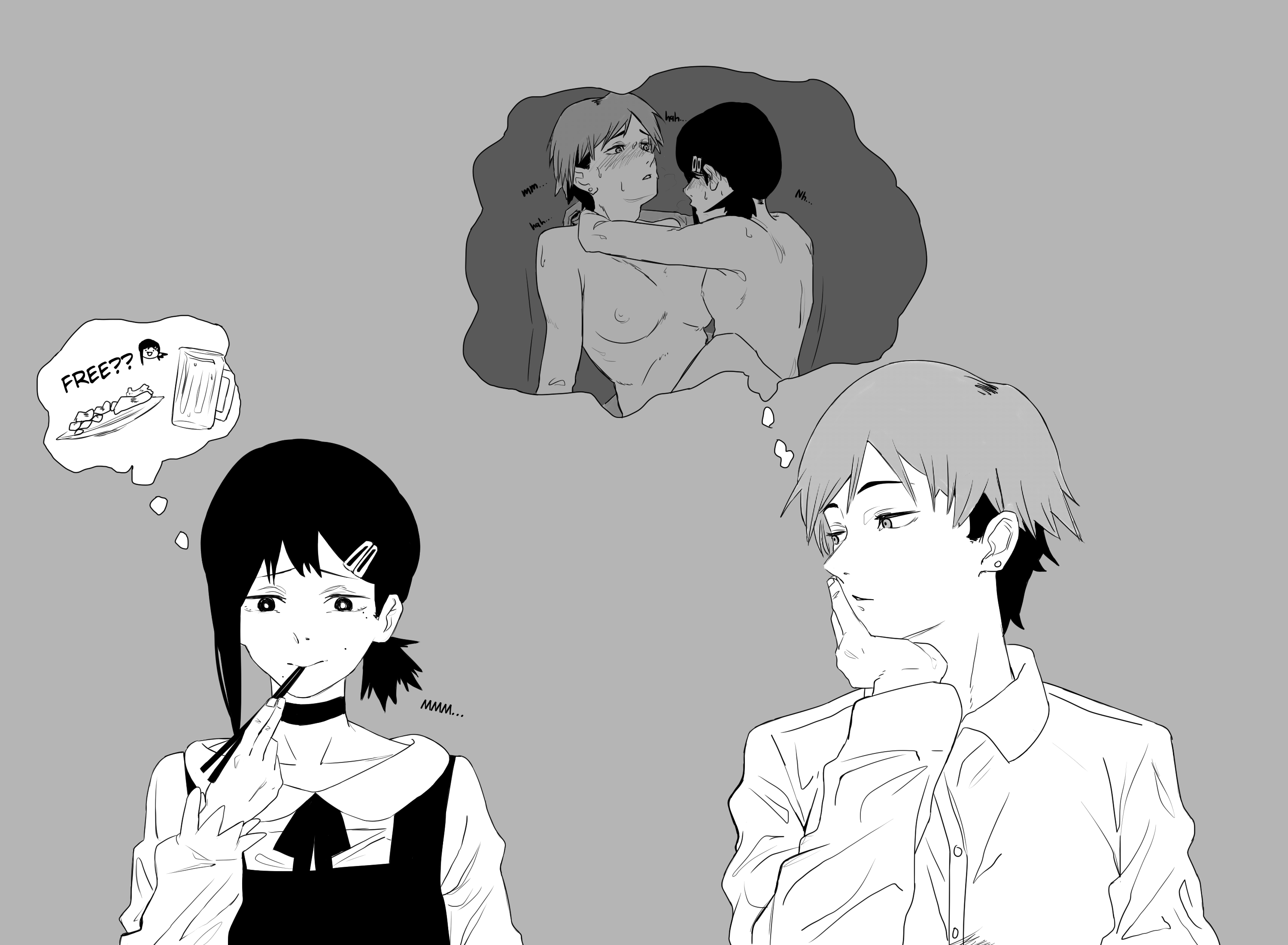 2girls, aroused, aroused face, black eyes, breasts, chainsaw man, division 4 female member, doodle, fantasizing, food, fuck me eyes, higashiyama kobeni, horny, knew nothing, kobeni higashiyama, large breasts, looking at another, monochrome, nude, short hair, sketch, small breasts, sweat, thinking about sex, tomboy, tribadism, wholesome, yuri