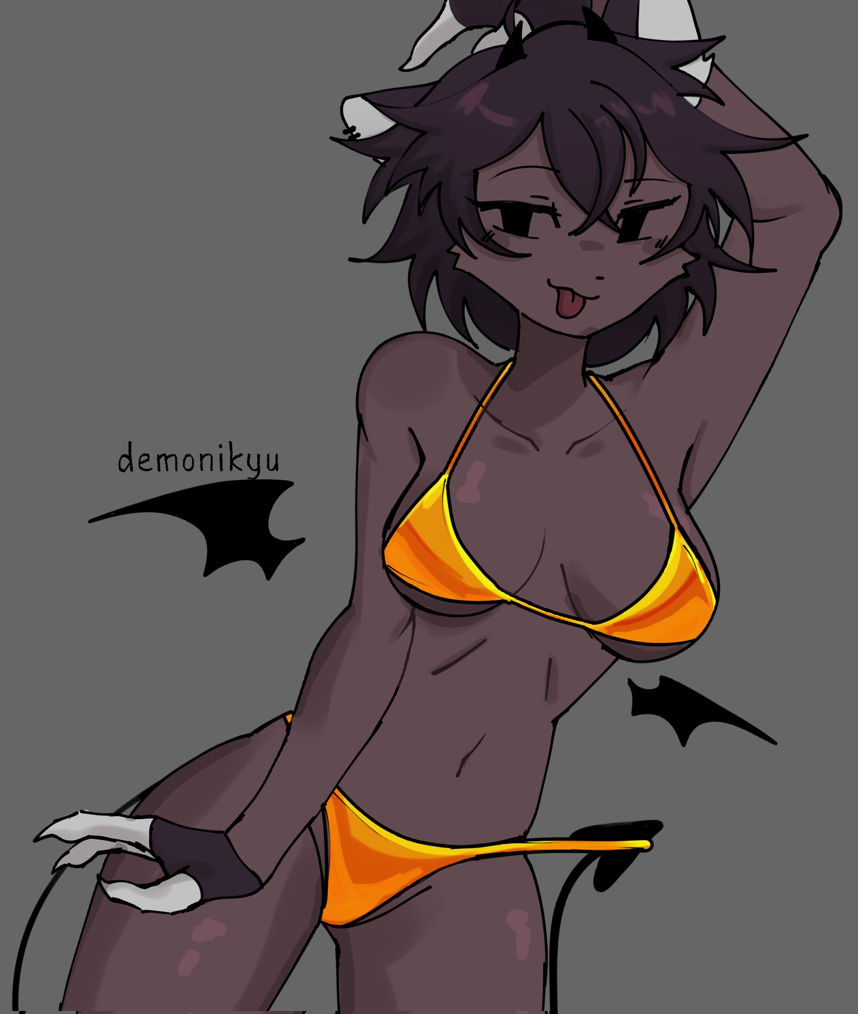 arm up, bikini, breasts, brown hair, demon, demon horns, demon tail, demon wings, demonikyu, demonispicy, devil, devil horns, devil wings, female, fox ears, hand above head, panties, seductive, seductive look, seductive smile, suggestive, suggestive look, suggestive pose, suggestive smile, tail under clothes, thick thighs, thighs, tongue, tongue out, waist, yellow bikini, yellow panties