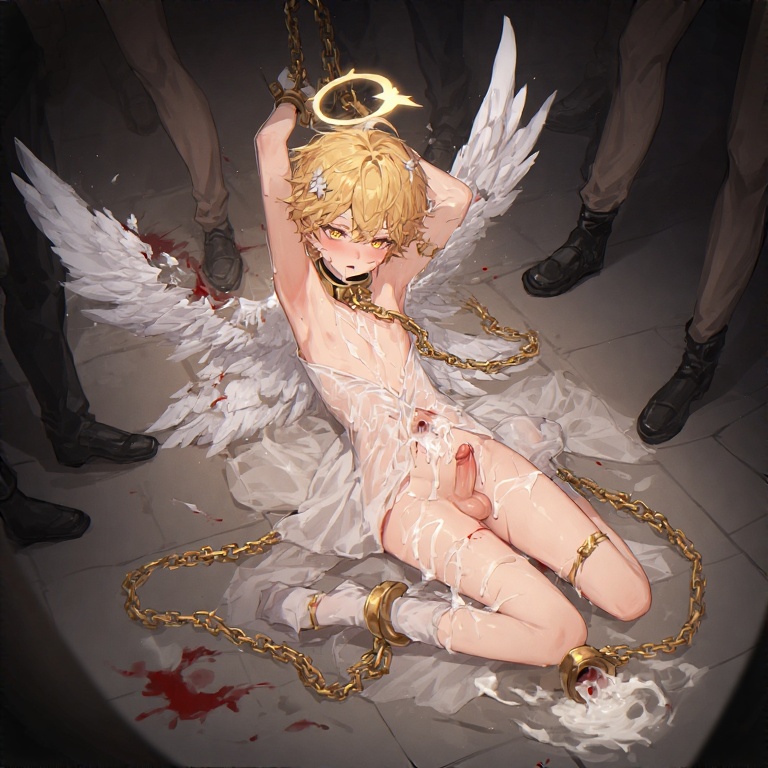 ai generated, angel, angel boy, angel wings, blonde hair, blonde male, blonde-haired male, blood, bondage, broken rape victim, broken wing, chained up, chains, collar, covered in cum, cum, femboy, gangbang, gangrape, halo, imprisoned, male, rape, restrained