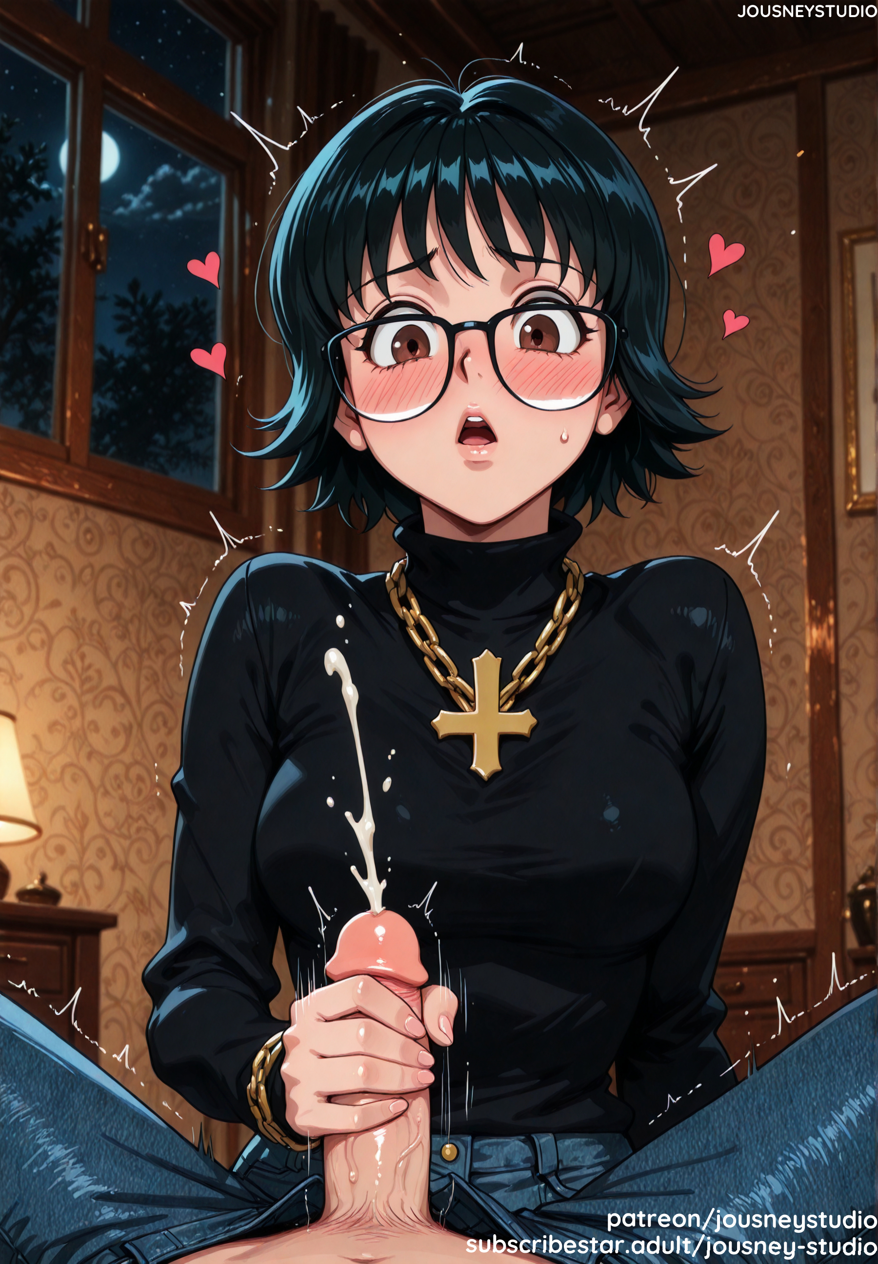 1boy, ai generated, bangs, bed, black hair, black sweater, blush, breasts, brown eyes, chain necklace, clothed female nude male, clothed sex, clothing, cross, cross necklace, cum, cumshot, denim, earrings, ejaculation, english language, erection, eyewear, female, full moon, genital fluids, glasses, handjob, heart, hunter x hunter, indoors, inverted cross, jeans, jewelry, jousneystudio, lamp, large breasts, large penis, light skin, lips, long sleeves, looking at viewer, male, male pov, medium breasts, moon, necklace, night, night sky, open mouth, pants, penis, semen, sex, shirt, shizuku murasaki, short hair, sitting, sky, smile, solo focus, spread legs, straight, sweat, sweater, teeth, text, trembling, turtleneck, turtleneck sweater, twitching penis, upper teeth, veins, veiny penis, window