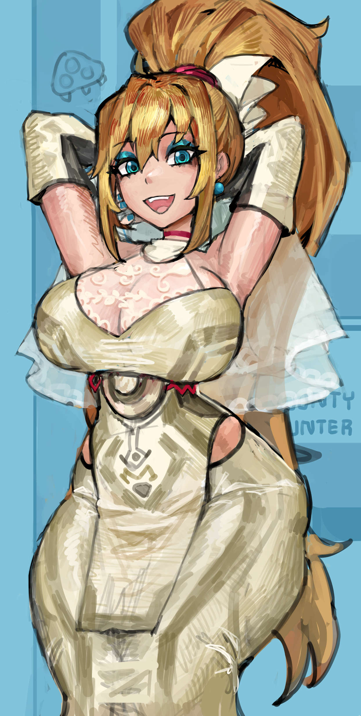 1girl, absurdres, arms behind head, big breasts, blonde hair, blue eyes, blue nails, breasts, bridal veil, bride, choker, cleavage, commentary, dress, english commentary, eyeshadow, hair up, high ponytail, highres, large breasts, long hair, looking at viewer, metroid, metroid (creature), metroid larva, nintendo, open mouth, painted fingernails, painted nails, ponytail, red choker, saiykik, samus aran, sidelocks, smile, solo, teeth, thick thighs, thighs, thin waist, upper teeth only, veil, wedding dress, white dress, wide hips