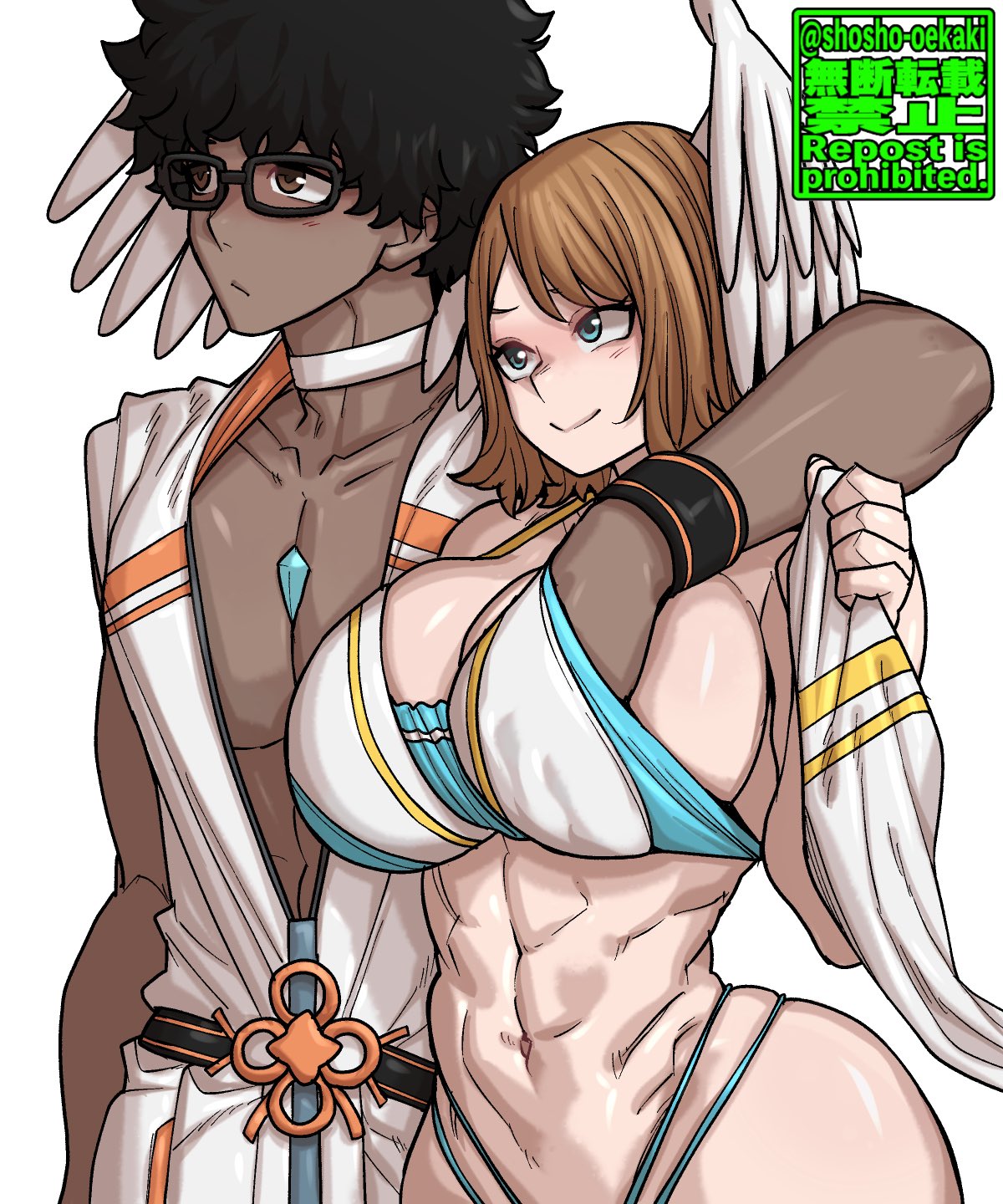 1boy, 1girls, bikini, black hair, blue eyes, blush, breasts, brown eyes, brunette, casual groping, cute, dark skin, dark-skinned male, eunie (xenoblade), exposed chest, female, glasses, groping, groping breasts, huge breasts, interracial, male, muscular, muscular female, muscular male, nintendo, pairing, short hair, shosho oekaki, simple background, smiling at partner, taion (xenoblade), top heavy, xenoblade (series), xenoblade chronicles 3