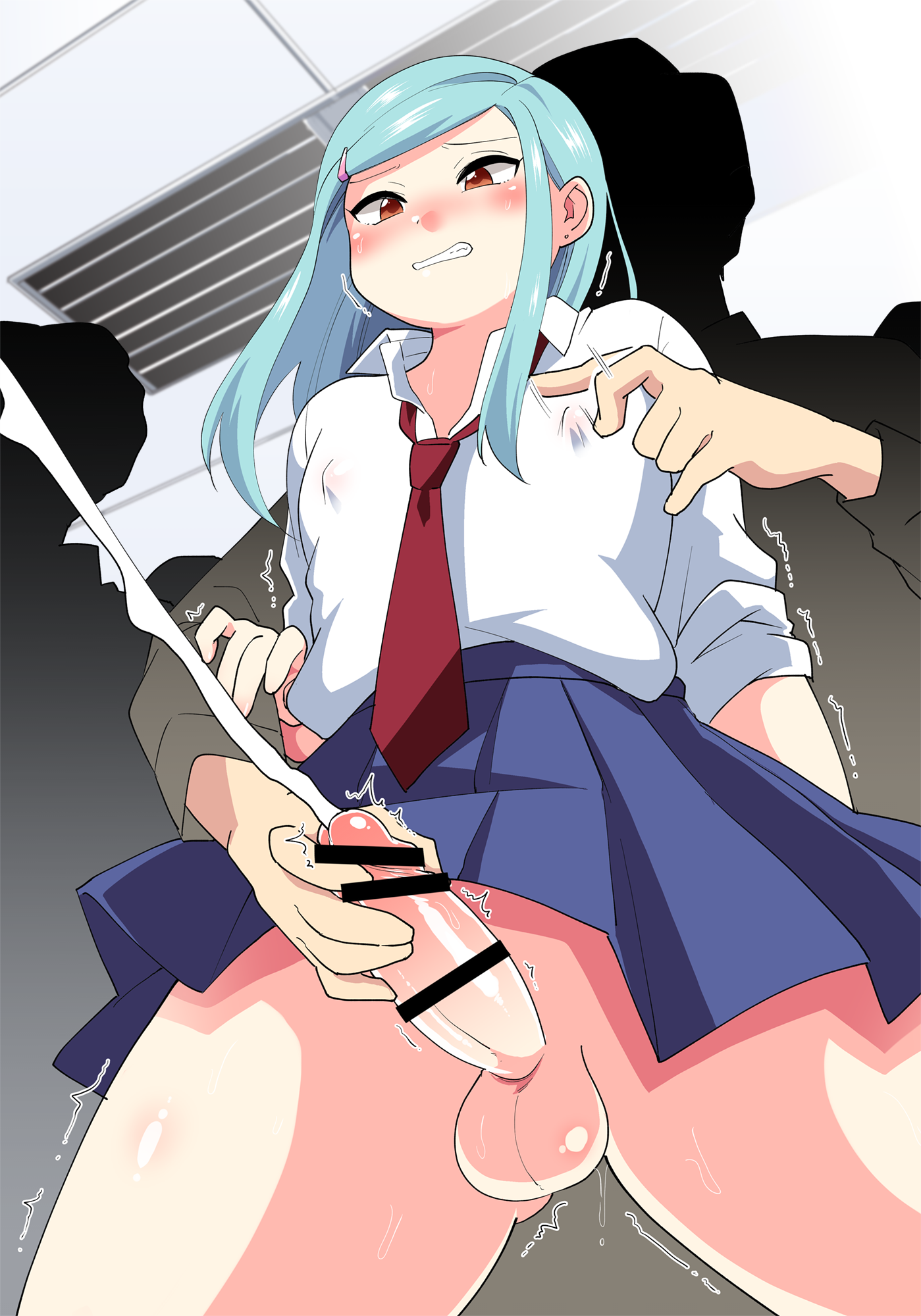 blue-haired male, censored, crossdressing, crossdressing male, cumming, cumming from handjob, ejaculation, embarrassed nude femboy, female, female clothes, femboy, feminine faced male, feminine male, flicking nipples, handjob, light-skinned male, long blue hair, male, male only, molestation, molesting, nipple play, nipples visible through clothing, older male and younger male, original, original character, otokonoko, penis, public humiliation, public indecency, public train, public transportation, sexual harassment, student uniform, tomgirl, trap