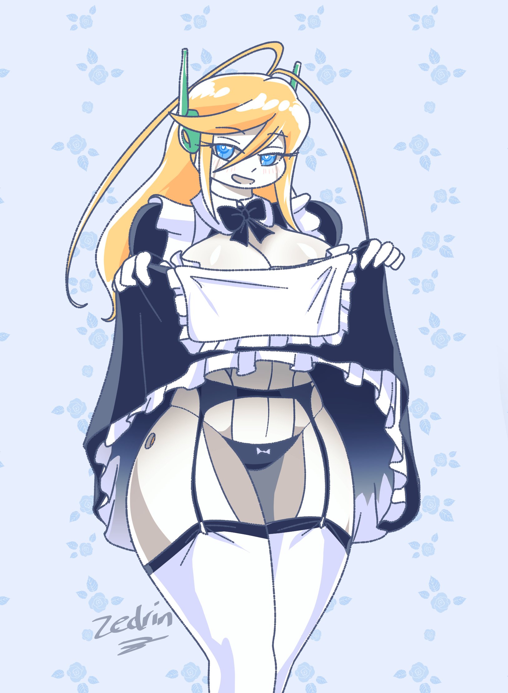 black panties, blonde hair, blue eyes, cave story, curly brace, female, garter belt, garter straps, maid, maid uniform, panties, robot, skirt lift, solo, stockings, zedrin