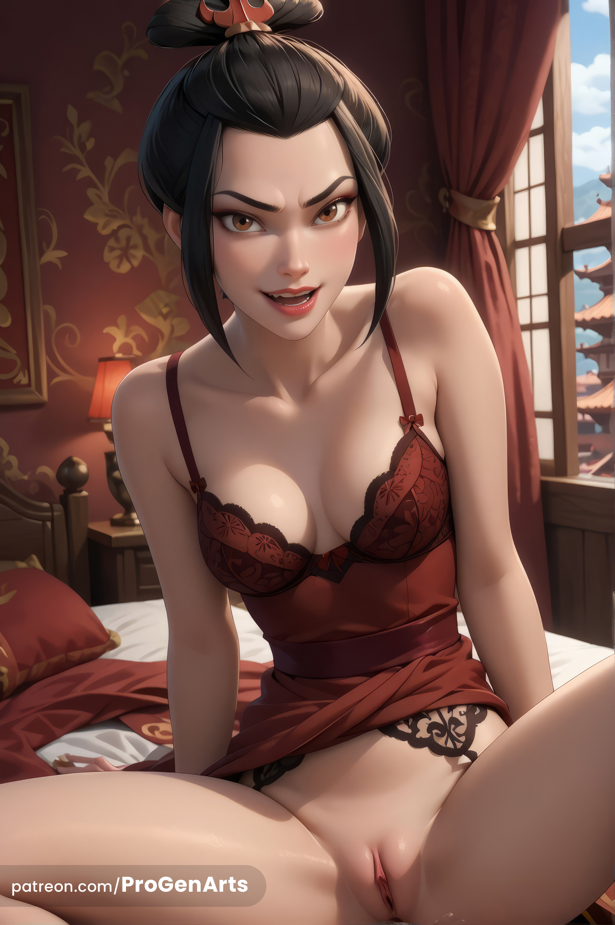 1girls, ai generated, arm support, artist name, avatar legends, avatar the last airbender, azula, bed, bedroom, black hair, bra, breasts, brown eyes, cleavage, collarbone, curtains, dress, female, garter belt, hair ornament, hi res, indoors, lingerie, lips, looking at viewer, makeup, medium breasts, nickelodeon, nicktoons, no panties, on bed, patreon logo, patreon username, pillow, progenarts, pussy, pussy juice, red dress, short hair, sitting, smile, solo, spread legs, uncensored, underwear, web address, window