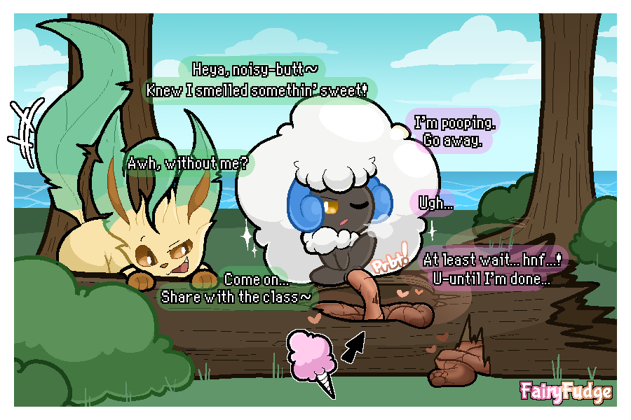 3:2 ambiguous_gender annoyed anus breath brown_eyes candy cotton_candy dessert dialogue digital_media_(artwork) duo eeveelution excessive_feces fairyfudge feces feces_pile feral food food_scat generation_4_pokemon generation_5_pokemon heart_symbol hyper hyper_feces leafeon log nintendo one_eye_closed one_eye_half-closed outside plant pokemon pokemon_(species) pooping_in_container quadruped scat shiny_pokemon signature sound_effects sparkles speech_bubble tail tail_motion tree vowelless vowelless_sound_effect whimsicott wood