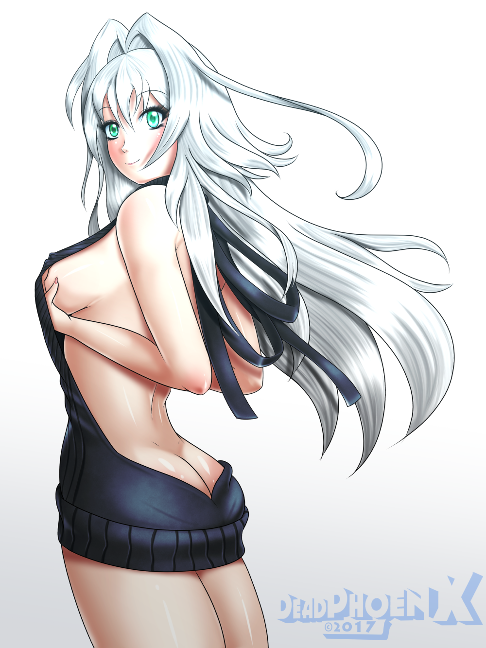 ass breasts cleavage deadphoenx emilia_hermit female female_only hundred looking_at_viewer looking_back solo virgin_killer_sweater