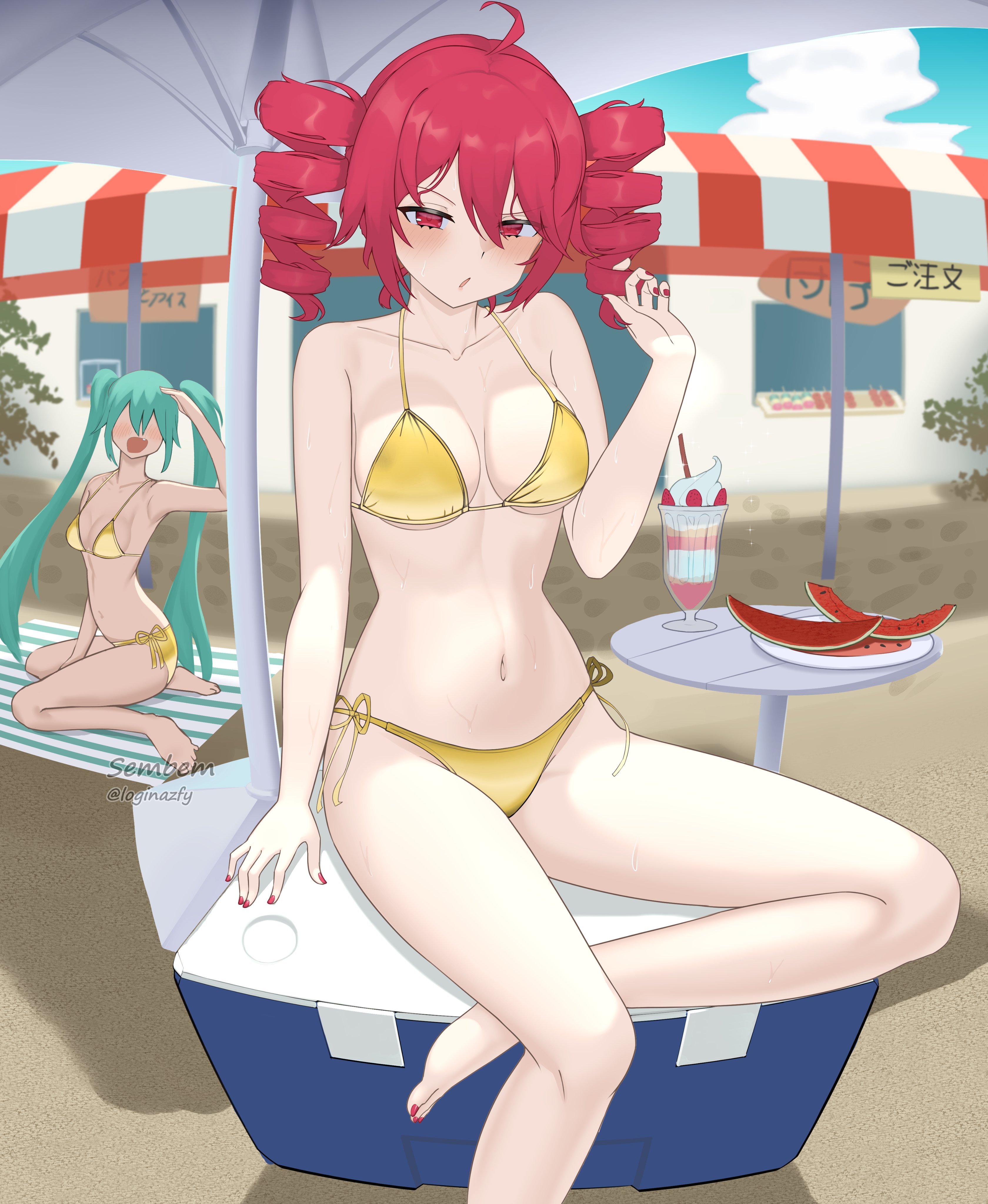 2d, 2d (artwork), 2girls, ahoge, barefoot, beach, beach umbrella, belly, bikini, blue hair, blush, breasts, drill hair, feet, female, female focus, female only, food, fruit, gold bikini, golden bikini, golden week, halterneck, hatsune miku, ice cream, kasane teto, loginazfy, long hair, medium breasts, multiple girls, nail polish, navel, open mouth, outdoors, painted nails, petite, petite female, red eyes, red hair, red nails, side-tie bikini, side-tie bikini bottom, sitting, slim, slim female, slim waist, sundae, sweat, swimsuit, table, thick thighs, thighs, twin drills, twintails, umbrella, utau, vocaloid, watermelon, yellow bikini