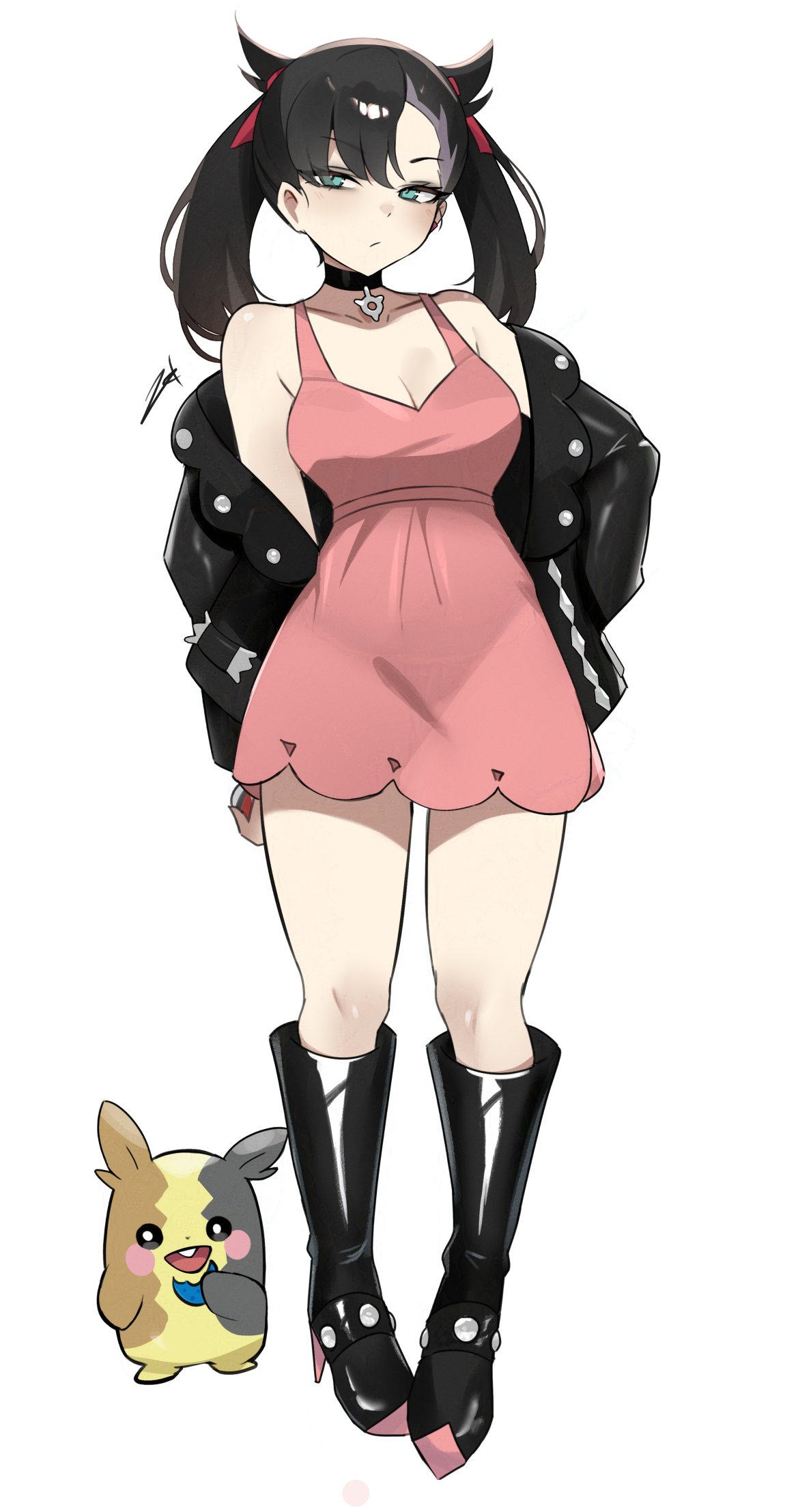1girls, asymmetrical bangs, asymmetrical hair, black choker, black hair, black jacket, breasts, choker, cleavage, closed mouth, dress, female, female only, green eyes, hair ribbon, high heel boots, high heels, highres, jacket, looking at viewer, marnie (pokemon), morpeko, nintendo, off shoulder, pink dress, pokemon, pokemon (species), pokemon ss, pokemon swsh, ribbon, twintails, undercut, zet (twt zet)