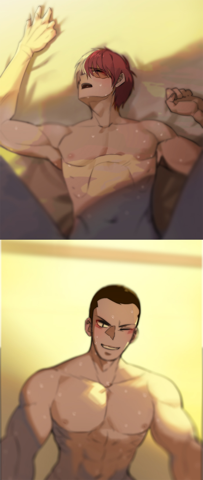 2boys, anal, blush, burn scar, color, digital media (artwork), gay, inasa yoarashi, lying, male, multiple boys, multiple males, my hero academia, nude, scar, sex, shouto todoroki, sweat, todoroki shouto, yaoi, yoarashi inasa