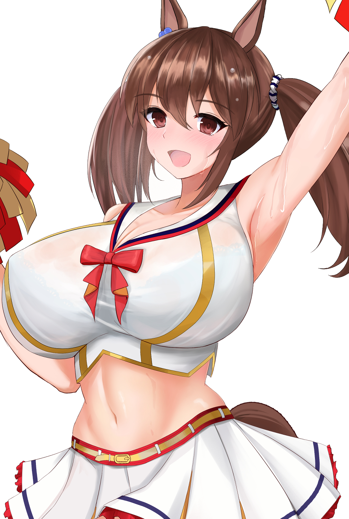 alternate costume, animal ears, arm up, armpits, blush, bra, bra visible through clothes, breasts, brown hair, cheerleader, cleavage, collarbone, commentary request, cosplay, female, groin, highres, hishi akebono (umamusume), horse ears, horse girl, horse tail, large breasts, midriff, navel, open mouth, pom pom (cheerleading), red eyes, sayashi (type5 labyrith), see-through clothes, simple background, solo, sweat, tail, umamusume, underwear, very sweaty, white background