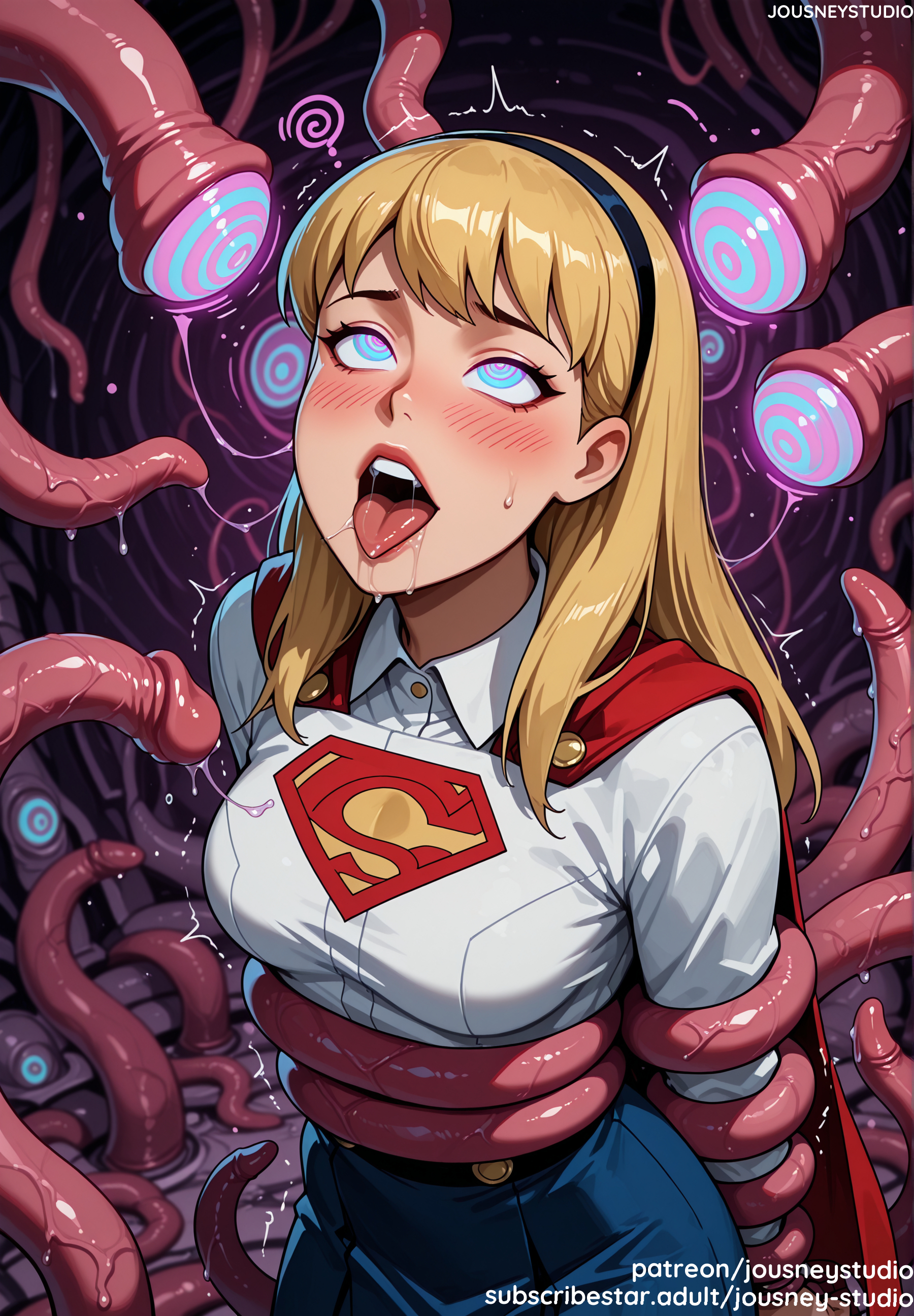 ?, ahe gao, ai generated, arms behind back, bangs, blonde hair, blue eyes, blush, breasts, cape, clothing, collared shirt, dc, dc comics, english language, english text, female, female only, hairband, headwear, heart, heart-shaped pupils, hypnosis, jousneystudio, kara danvers, kara kent, kara zor-el, large breasts, lips, long hair, long sleeves, looking up, medium breasts, mind control, nipples, open mouth, red cape, restrained, saliva, sex, shirt, skirt, solo, supergirl, superhero, superman (series), superman: the animated series, sweat, sweatdrop, teeth, tentacle, tentacle sex, text, tongue, tongue out, torn clothes, white shirt
