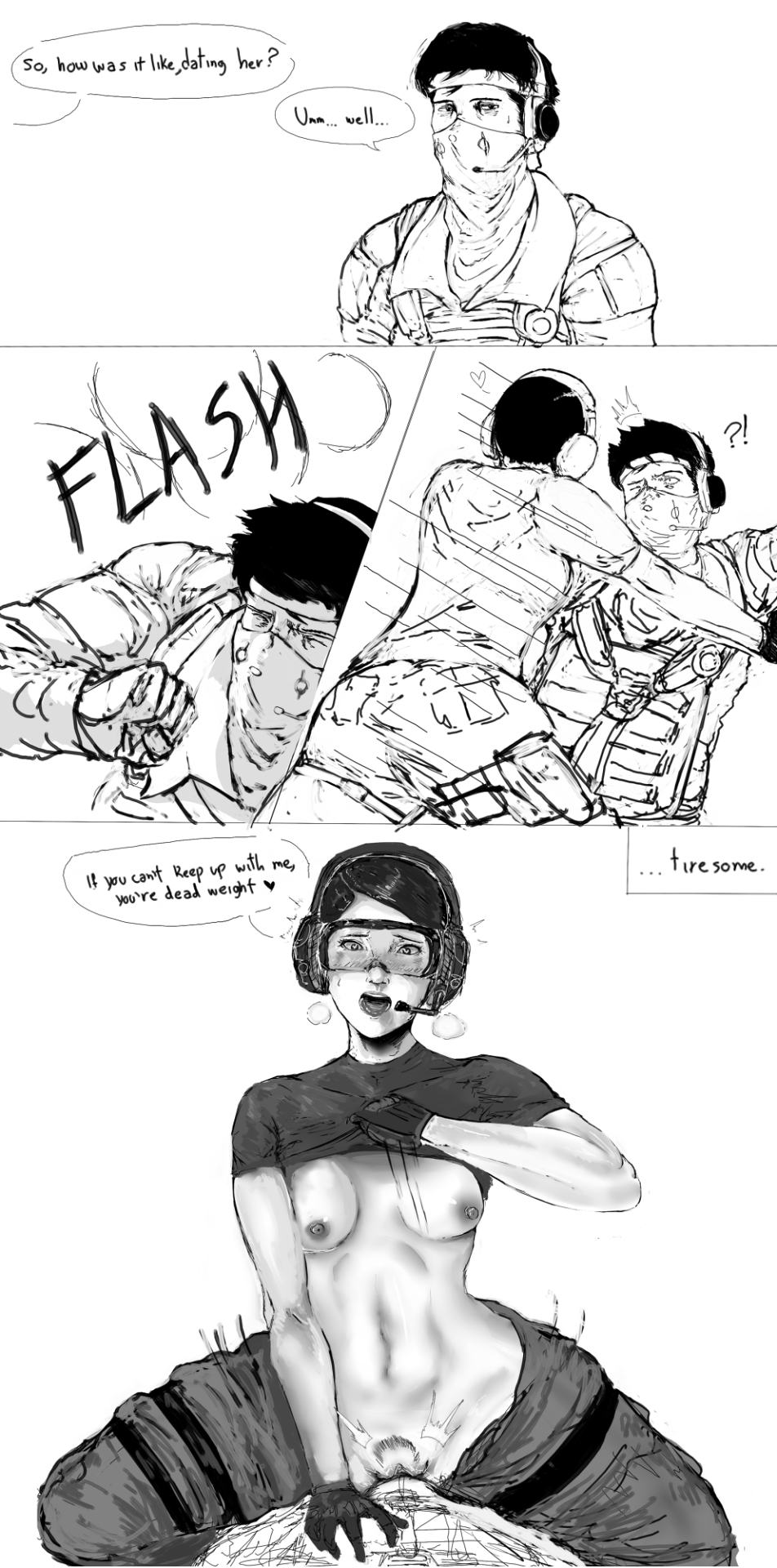 1boy 1girls artist_request asian bandana blinded breasts canon_couple cowgirl_position dialogue duo echo_(rainbow_six) forced girl_on_top goggles headphones heart horny_female monochrome partially_clothed rainbow_six rainbow_six_siege shirt_lift straight tagme text tom_clancy uniform ying_(rainbow_six)