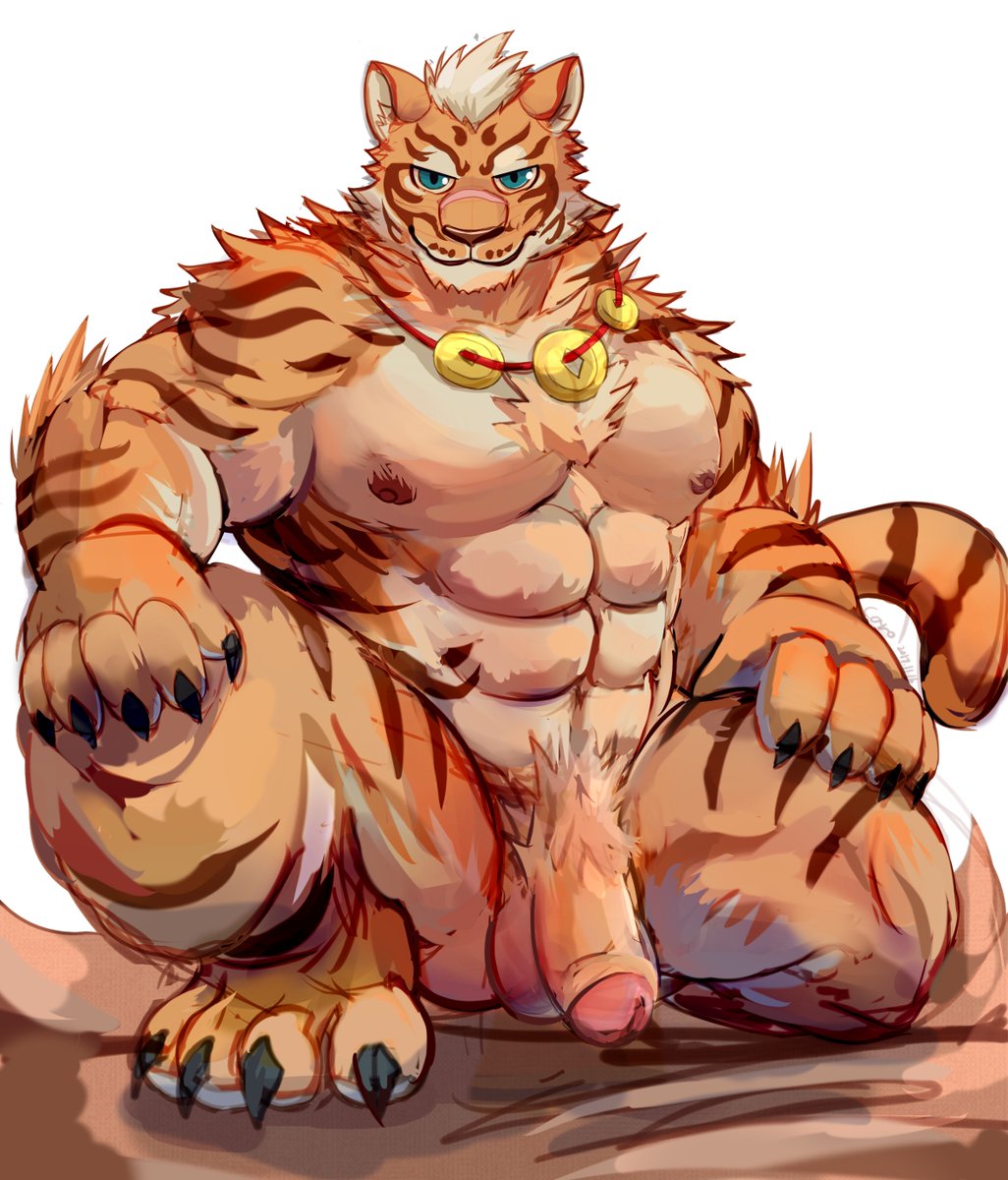 4_toes abs anthro balls better_version_at_source biceps blue_eyes caro_zalt cheek_tuft chest_tuft crouching feline fur inner_ear_fluff lin_hu looking_at_viewer male male_only mammal muscular muscular_male nekojishi nipples orange_fur pecs penis simple_background smile solo stripes tiger toes tuft