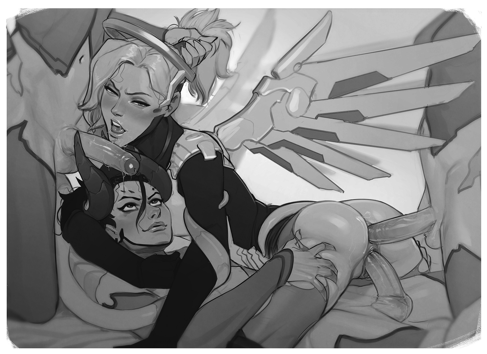1girls, 3futas, alternate costume, anal, anal penetration, anal sex, black and white, blizzard entertainment, devil mercy, double penetration, drool, dual persona, female, foursome, futa on female, futanari, gangbang, greyscale, hair pull, hand on another's head, hand on head, horns, incase, intersex, looking at partner, looking at viewer, looking back, mercy, monochrome, multiple penises, multiple persona, open mouth, overwatch, penis, pussy, saliva, selfcest, sex, skindentation, thigh grab, torn clothes, vagina, vaginal penetration