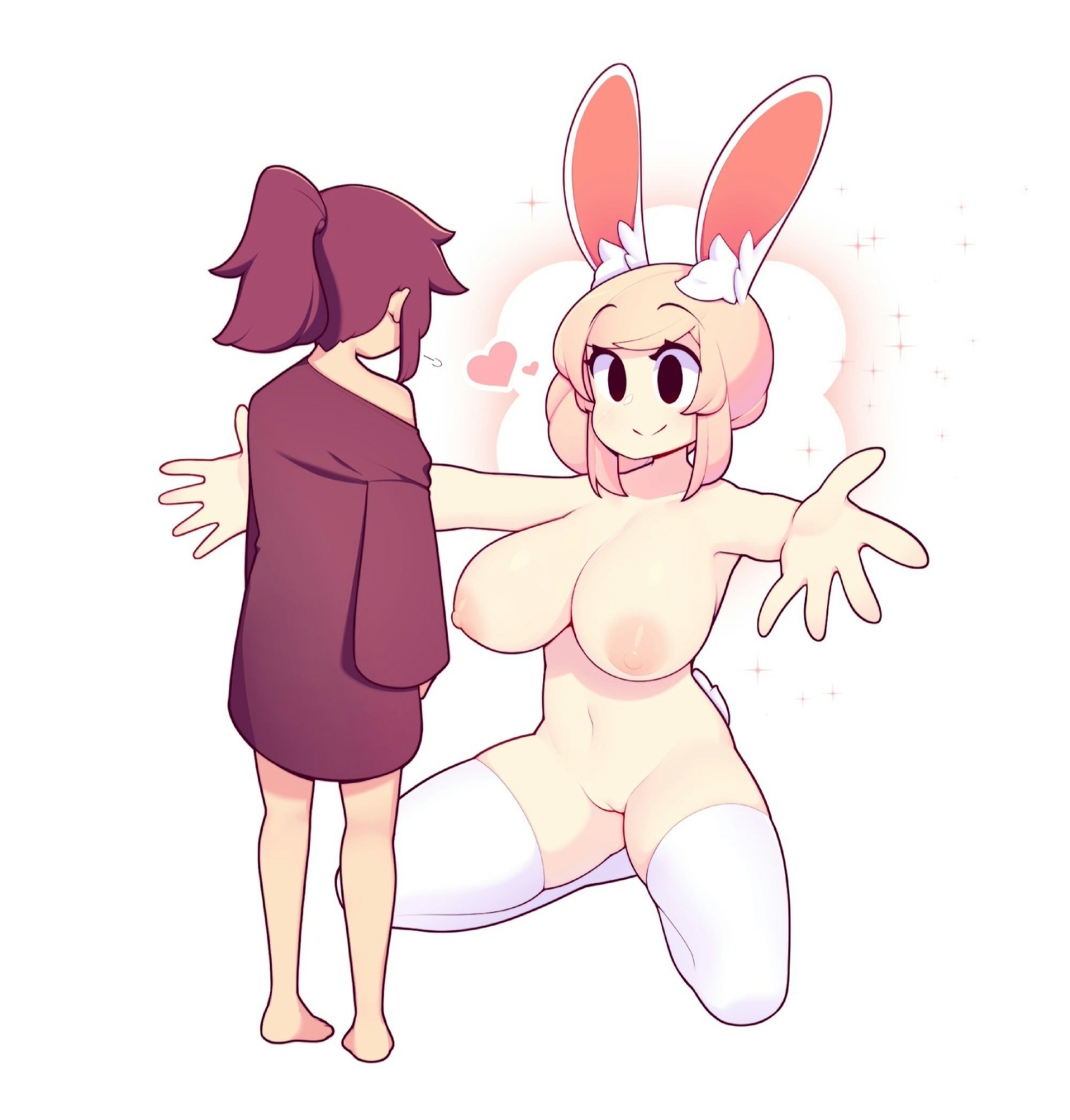 arms out, big breasts, brown hair, bunny ears, bunny girl, bunny tail, dyrhart (fizintine), fiz, fizintine, larger female, oversized shirt, partially clothed, pink hair, smaller male, thigh highs