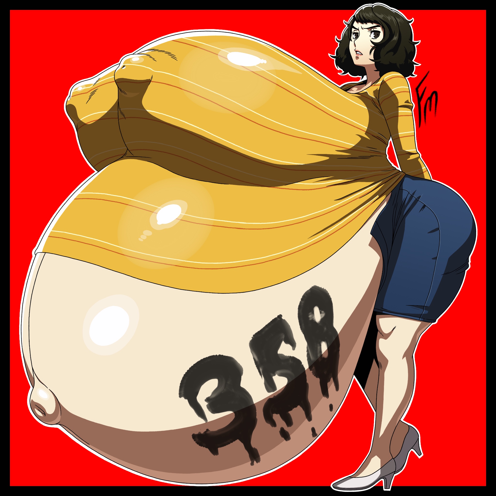 1girls, ass, big ass, big belly, big breasts, big nipples, breasts, brown eyes, brown hair, female, full body, fungus-man, gigantic belly, gigantic breasts, gigantic nipples, hands behind back, huge ass, huge belly, huge breasts, huge nipples, hyper, hyper belly, hyper breasts, hyper nipples, hyper pregnancy, jean skirt, large ass, large belly, large breasts, large nipples, light skin, light-skinned female, mature female, navel, nipples, persona, persona 5, popped navel, pregnancy mark, pregnancy tally, pregnant, pregnant female, sadayo kawakami, sweater, tagme, teacher, text, text bubble