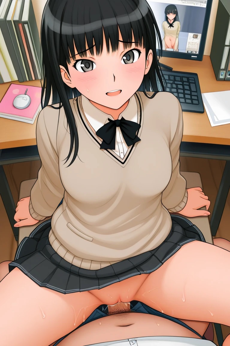 ai generated, amagami, ayatsuji tsukasa, bbm, black hair, brother's girlfriend, female, koihi, long hair, netorare, no panties, pussy, school uniform, sex, uncensored, wet pussy